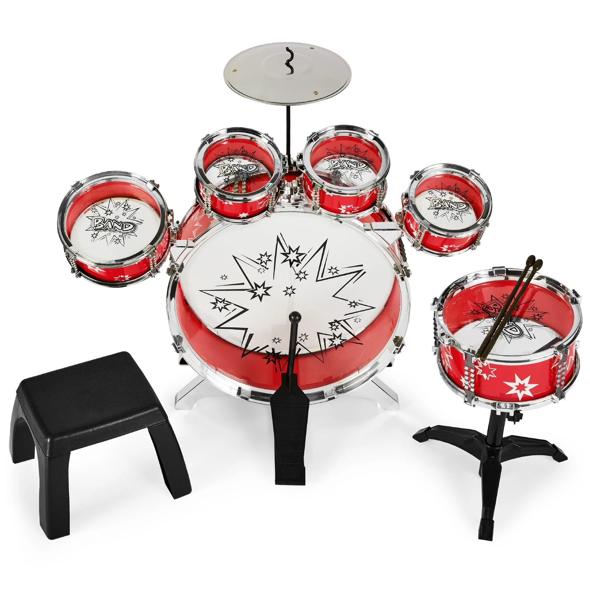 Best Choice Products 11-Piece Kids Starter Drum Set w/ Bass Drum, Tom Drums, Snare, Cymbal, Stool, Drumsticks - Red