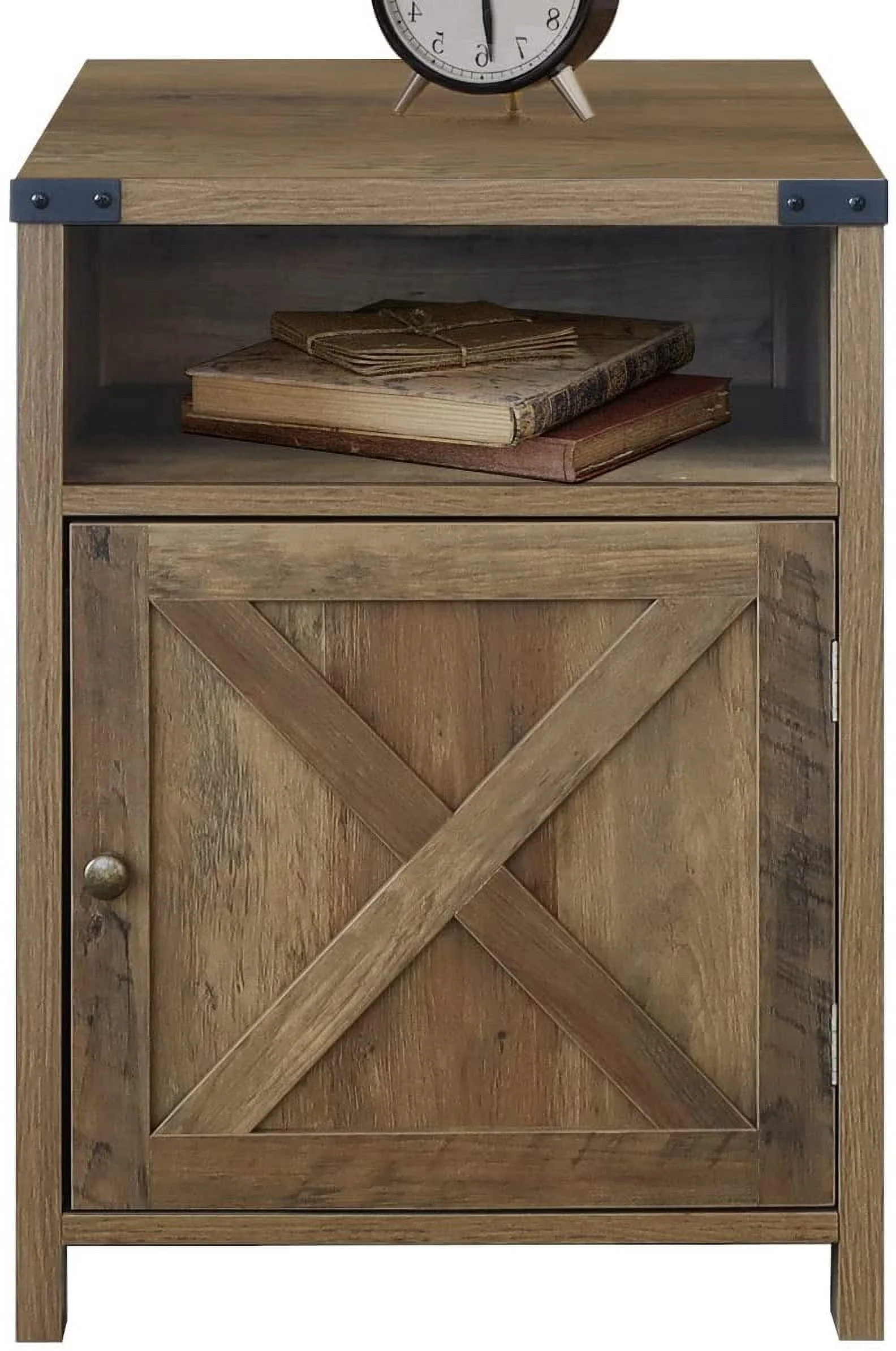 Rainbow Nightstand, Farmhouse Bedside Table with Cabinet and Shelves, 18 x 18 x 24 Inches, Shaded Oak