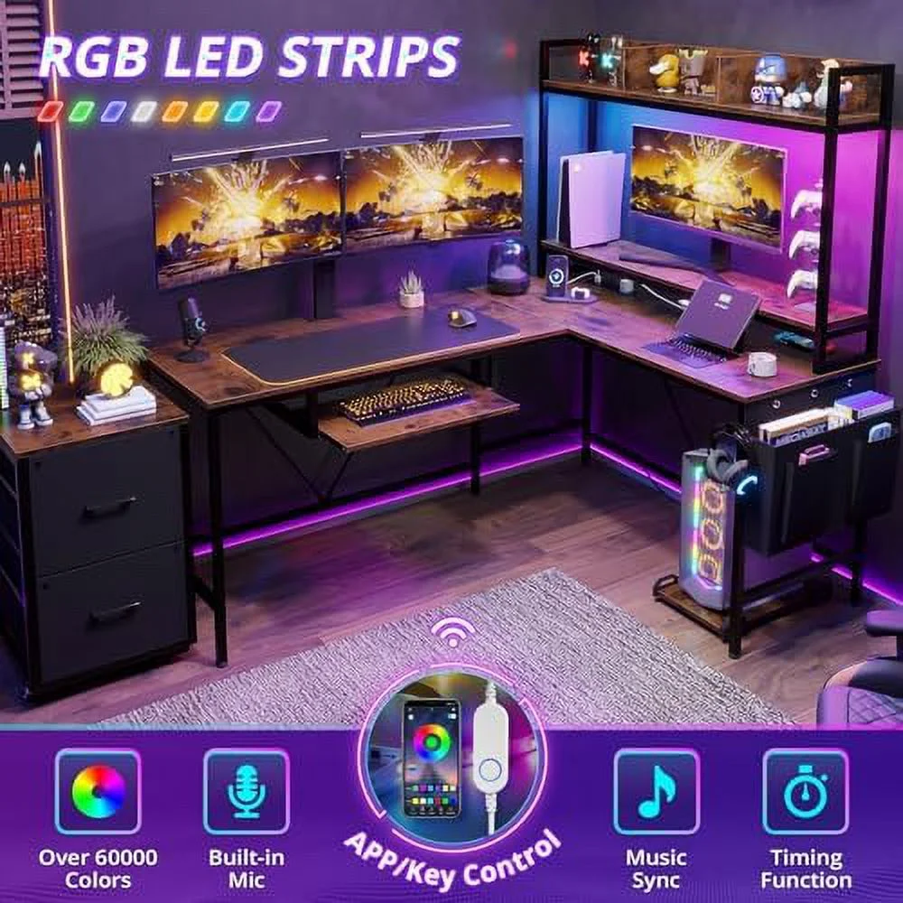 HBROLJF L Shaped Gaming Desk with Shelves  55in Reversible Home Office Desks with Power Outlet RGB Led Strip Movable File Cabinet Keyboard Tray 2 Drawers (Rustic Brown)