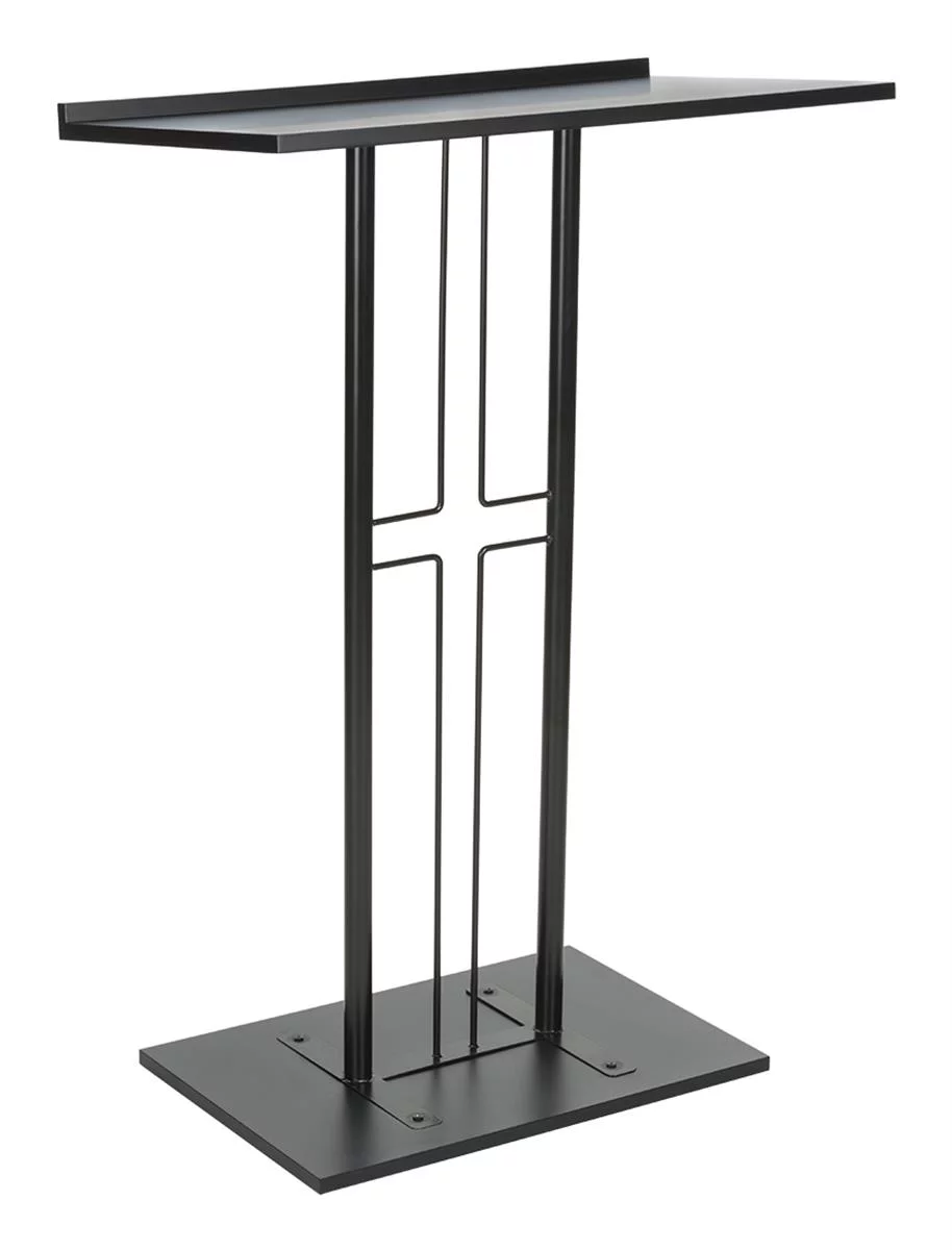 Displays2go LCTPCRSBLK Cross Podium, Floor Standing Pulpit, Slanted Top, Steel with Wood Base, Black