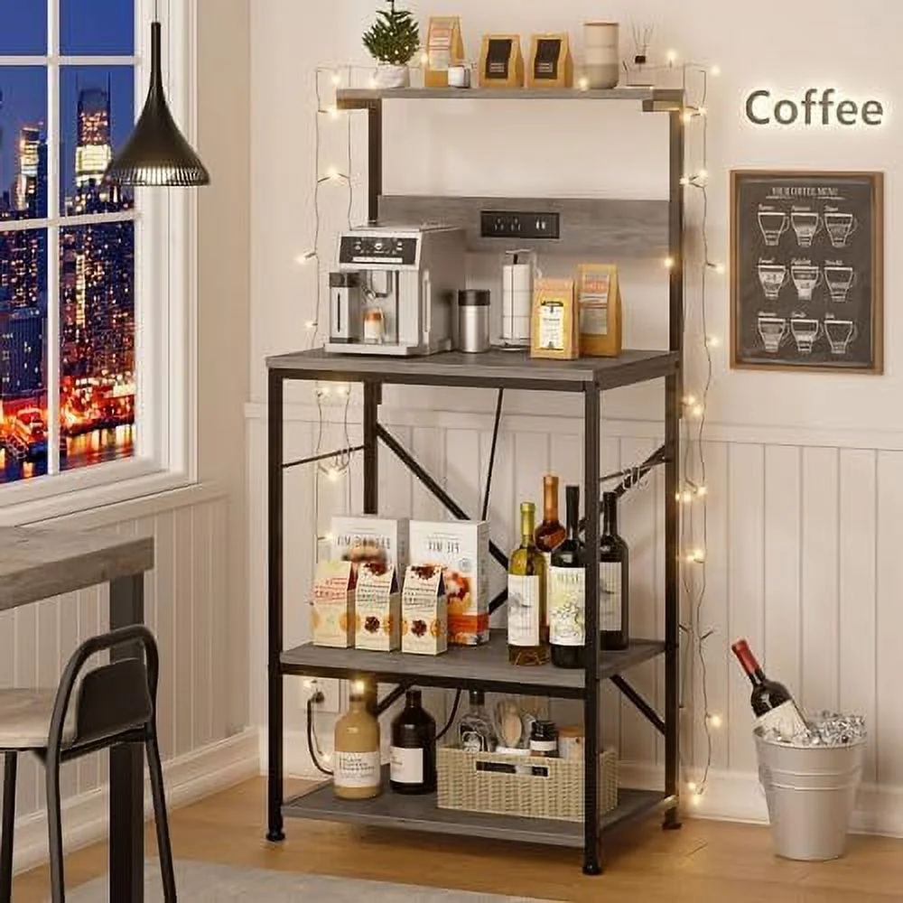 MQLIFEBOOM Kitchen Bakers Rack with Power Outlet  Coffee  Cabinet  Kitchen Cart  Large Microwave Stands Cart with 6 S-Shaped Hooks  Wine Glass Holder and Basket (35.43''  Rustic B
