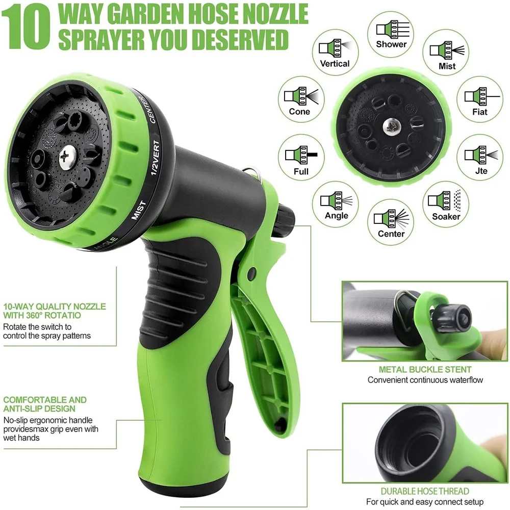 Expandable Garden Hose 50 ft with 10 Functions Hose Sprayer, Flexible Garden Hose Leak-Proof with Natural Latex, No-Kink Collapsible Hose Green