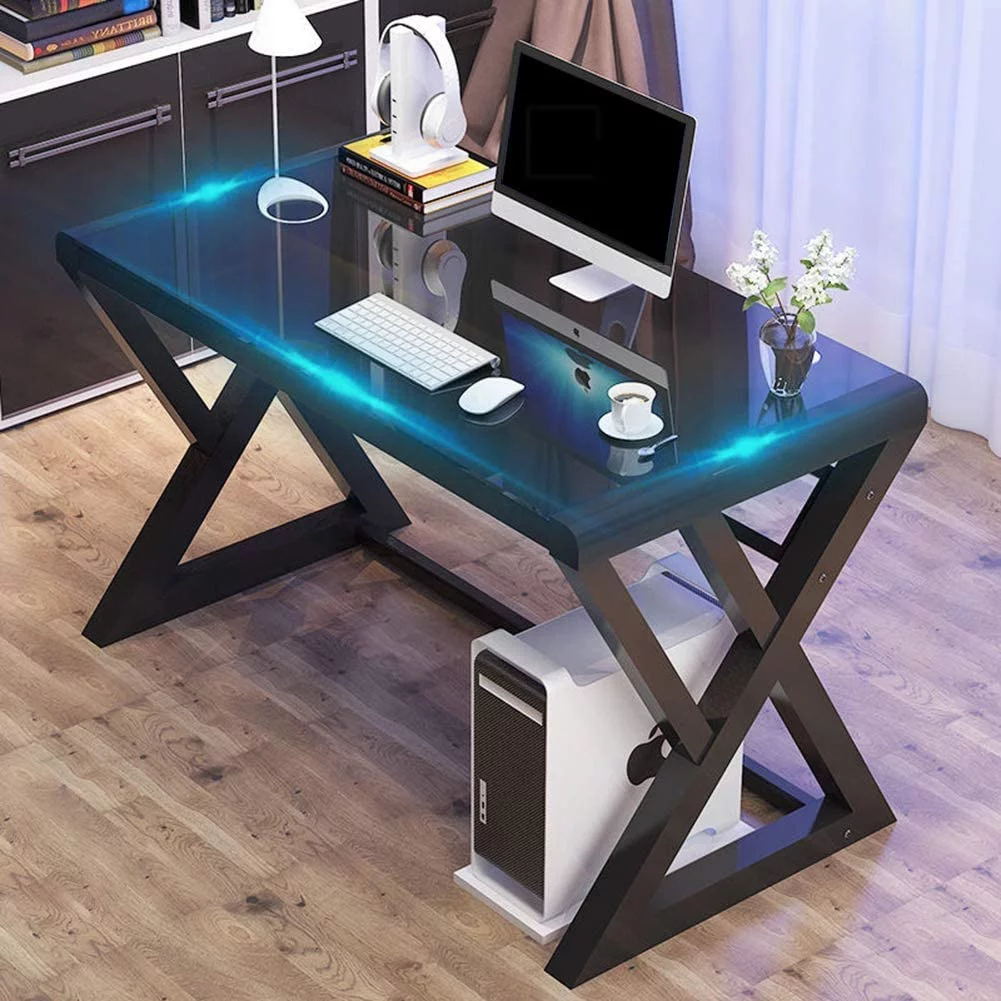 JYHOME Computer Desk Glass Top Metal Frame  55.1" Home Office Desks & Workstation Modern Office Writing Gaming Study Work Glass Computer Table Desk