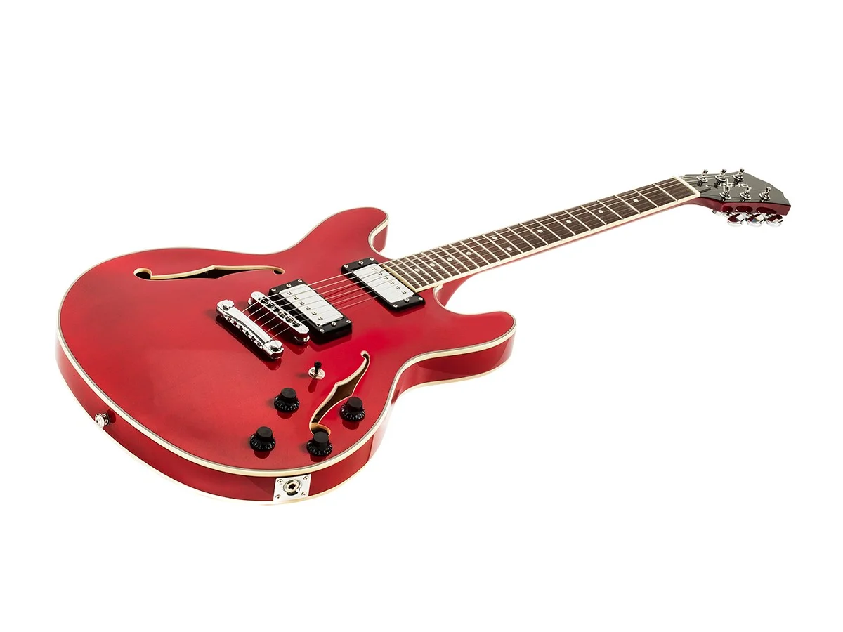 Monoprice Indio Boardwalk Hollow Body Electric Guitar - Trans Red, With Gig Bag