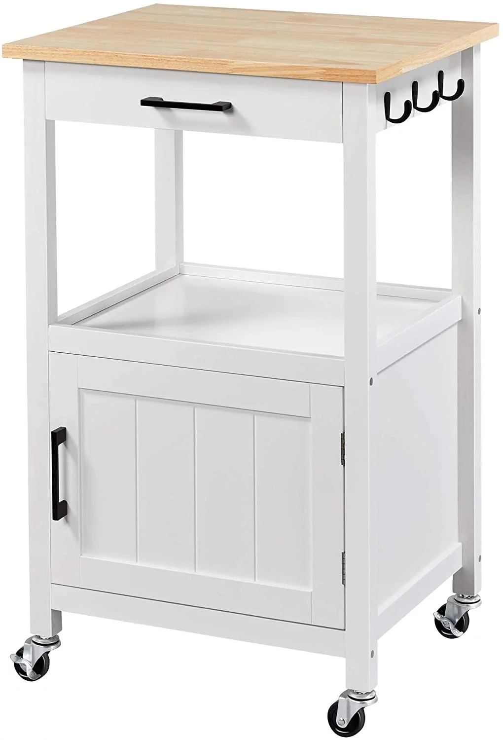 Rolling Kitchen Island with Single Door Cabinet and Storage Shelf, Kitchen Cart with Drawer on Swivel Wheels for Dining Room/Living Room, White