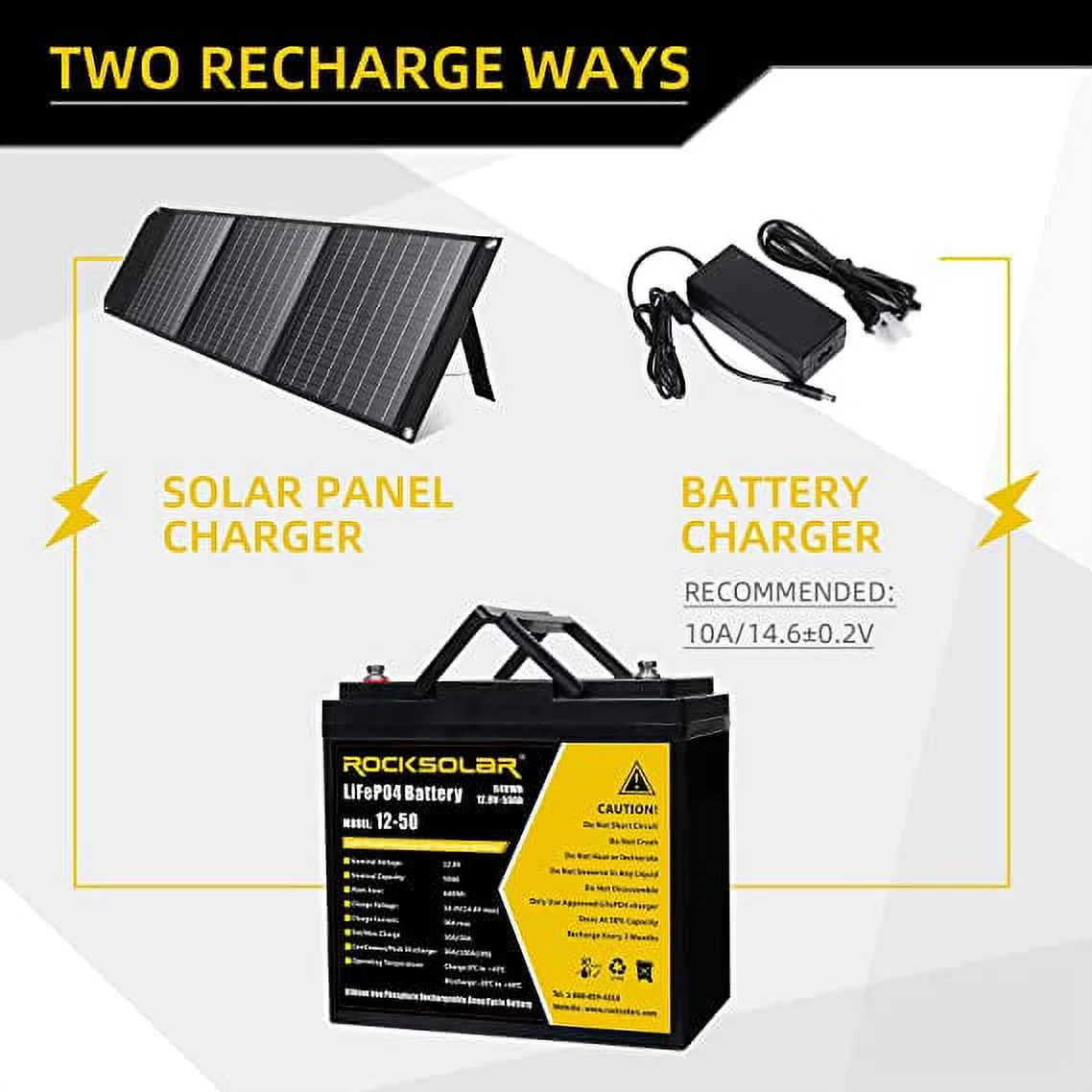 ROCKSOLAR 12V 50Ah LiFePO4 640Wh Lightweight Deep-Cycle Battery, Lithium Iron Phosphate Battery with BMS System