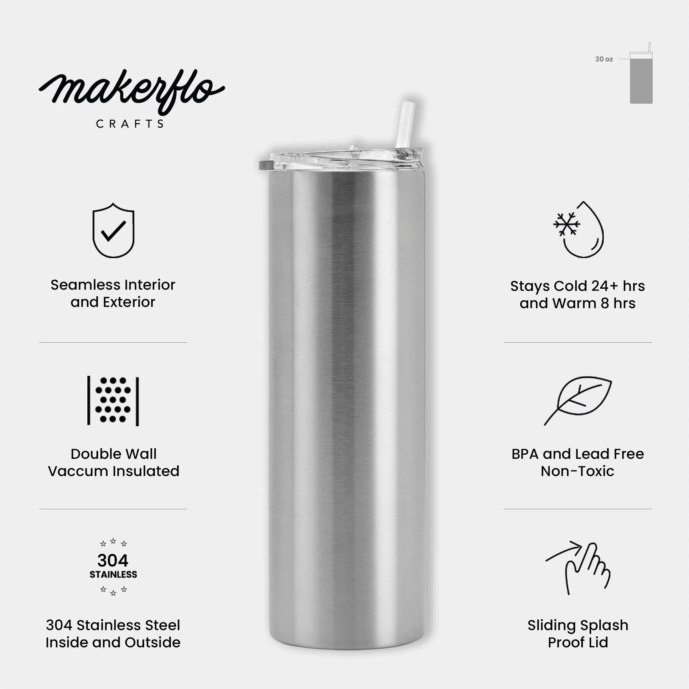 Makerflo Destash 30 Oz, 25 Pack Skinny Insulated Tumblers, Stainless Steel, Silver