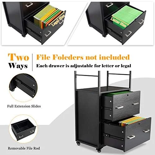 HBBOOMLIFE 2 Drawer File Cabinet with Lock for Hanging Letter/Legal Size Folders Labeled  Rolling File Cabinets for Home Office  Wood Rustic Brown Lateral Filing Cabinet with Shelves and