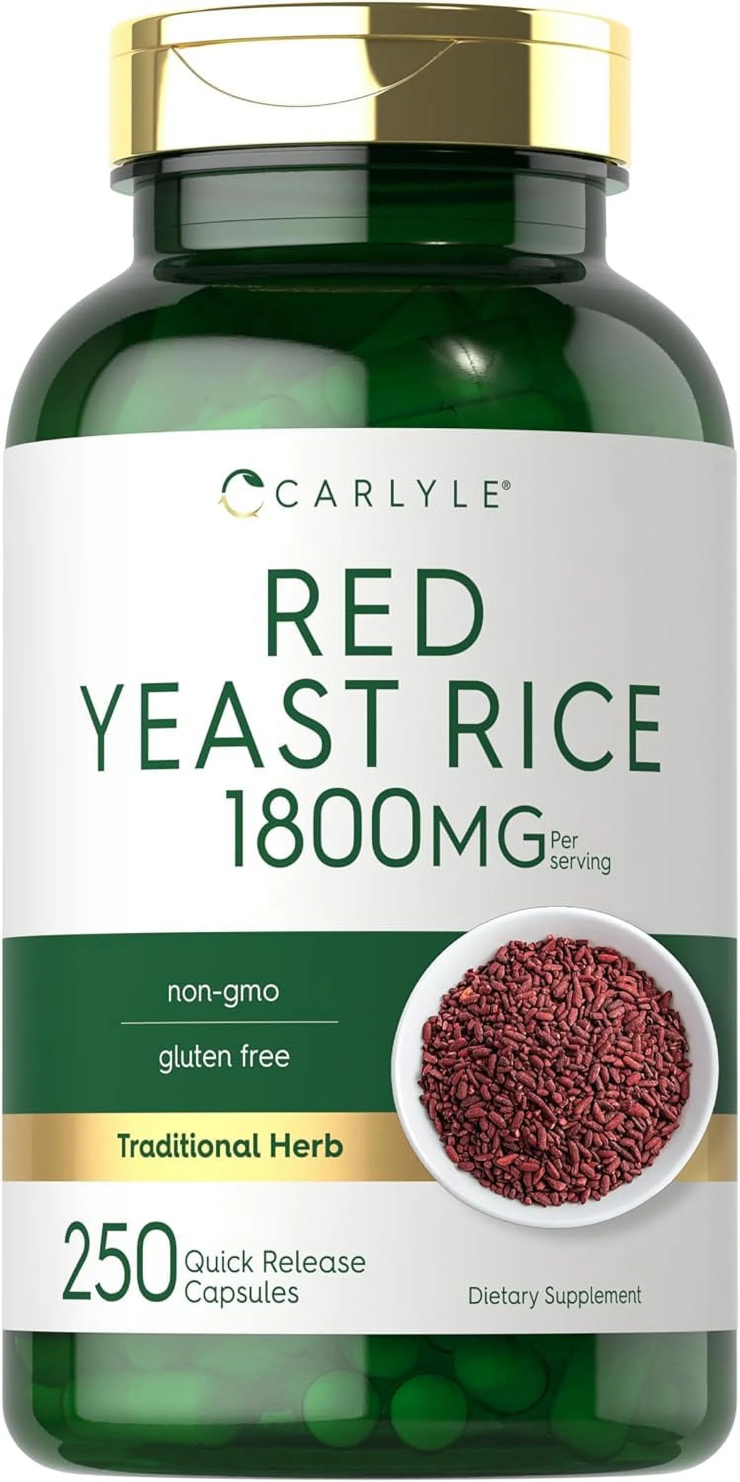 Red Yeast Rice 1800 mg | 250 Capsules | Non-GMO, Gluten Free Supplement | by Carlyle