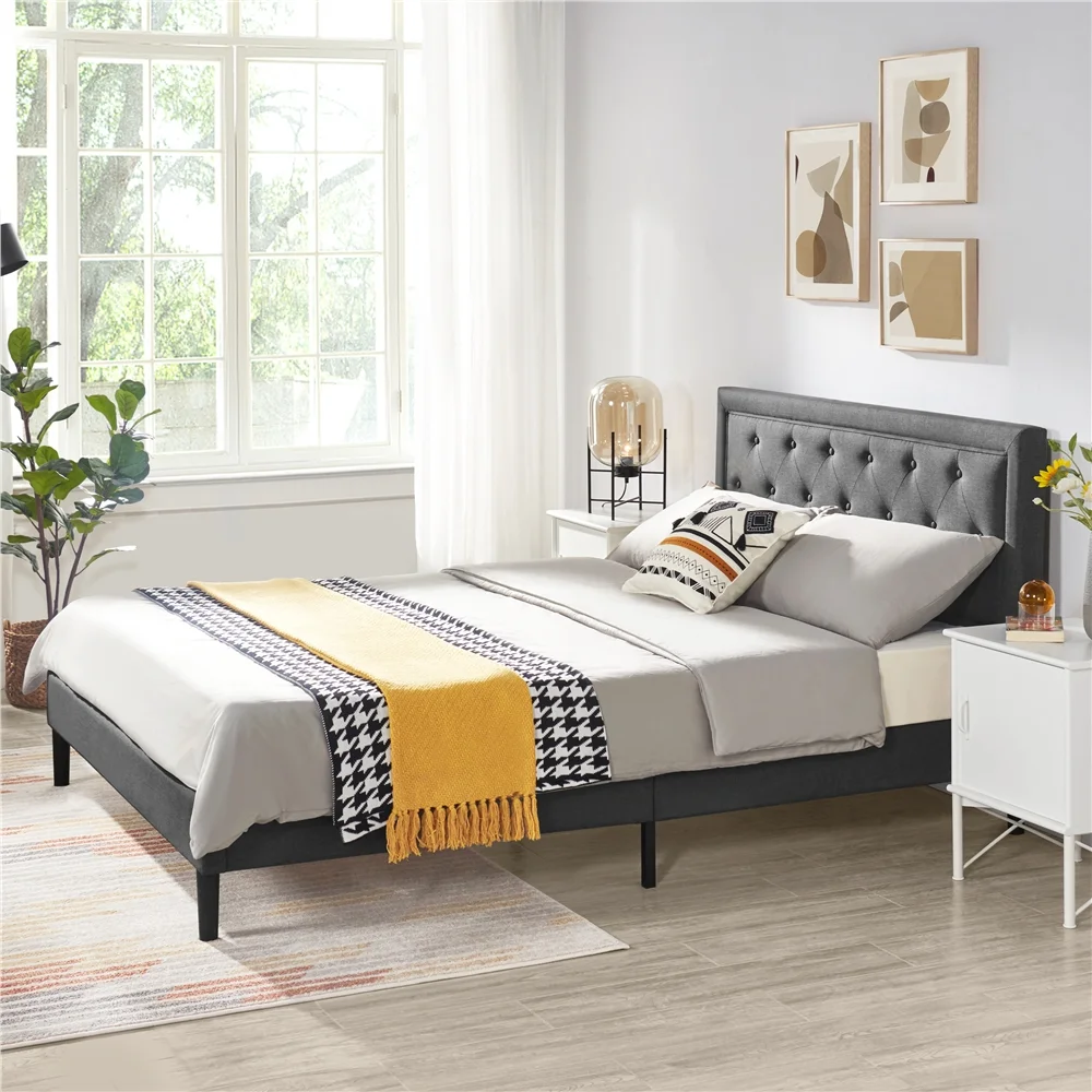 Easyfashion Fabric Upholstered Platform Bed with Tufted Headboard, Dark Gray, Queen