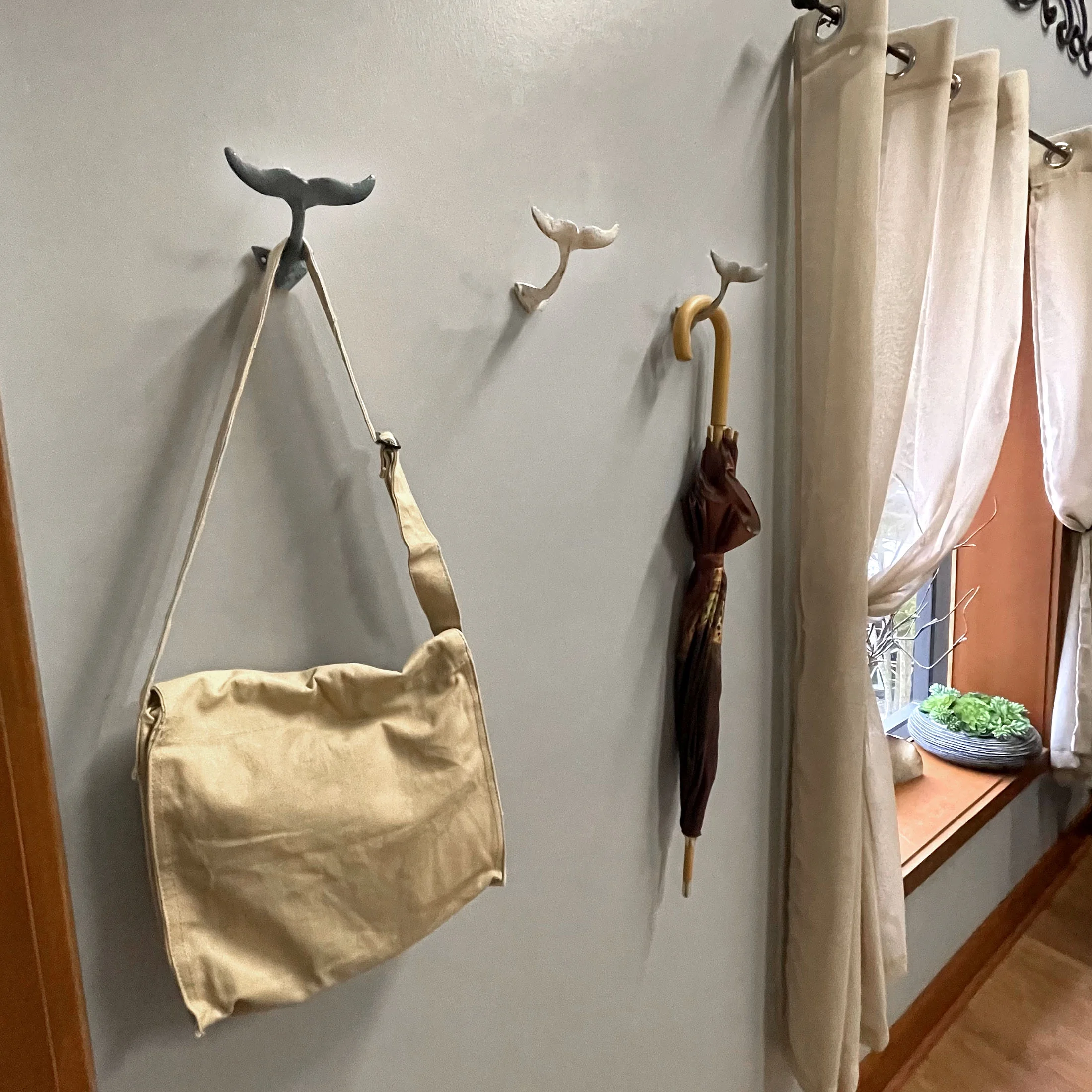 Zeckos Set of 3 Cast Iron Nautical Whale Tale Wall Hooks