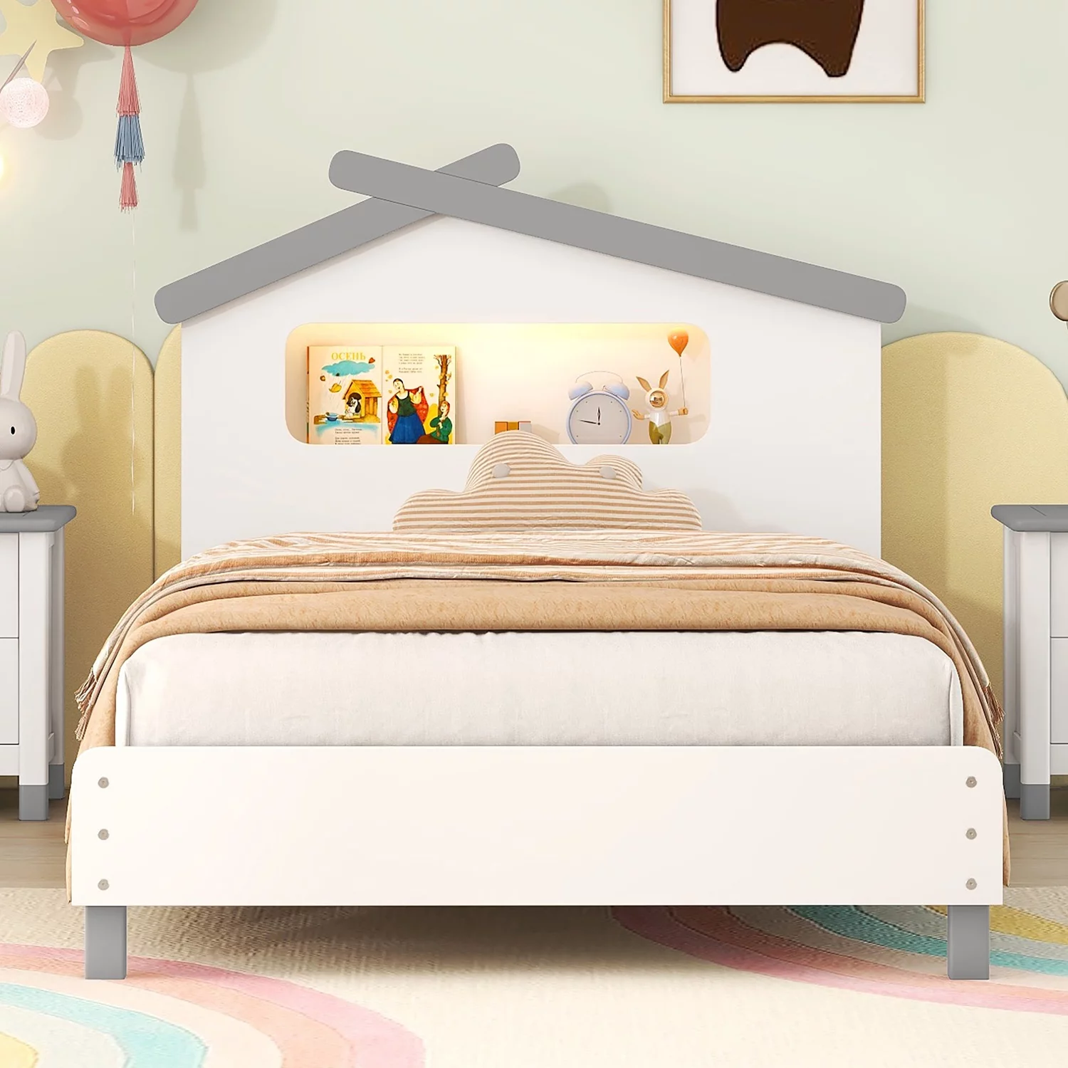 Churanty Wooden Twin Size Platform Bed with House Shaped Headboard and Night Lights for Kids Girls Boys,White