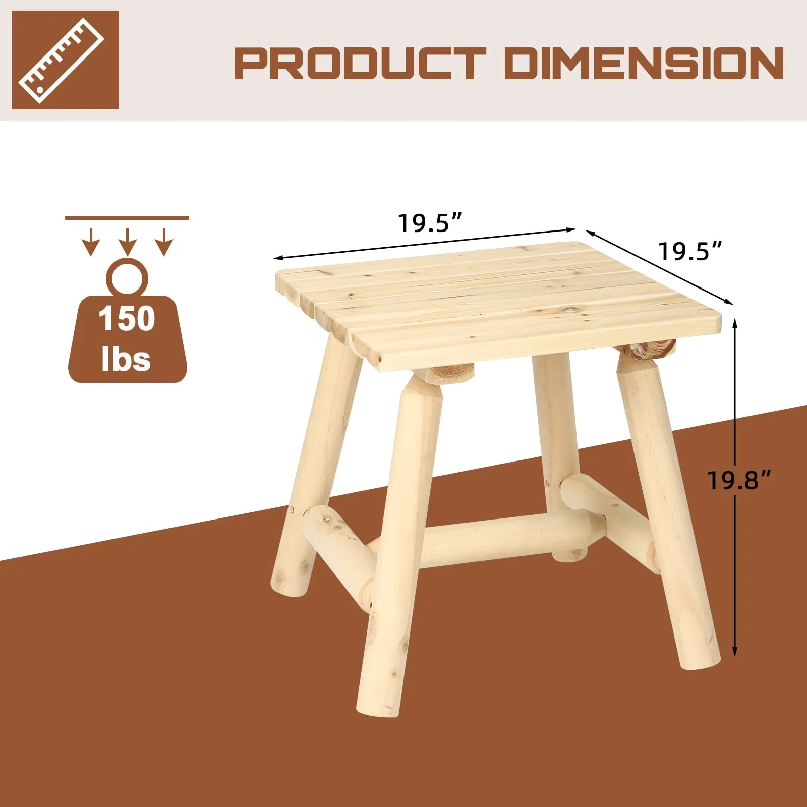 HOMEDIARY Wooden Adirondack Log Side Table, Cedar Wood Outdoor Square End Table w/Slatted Tabletop, Oversize 19.5” Indoor Outdoor Patio Side Coffee Table for Garden Patio Backyard Porch, Natural