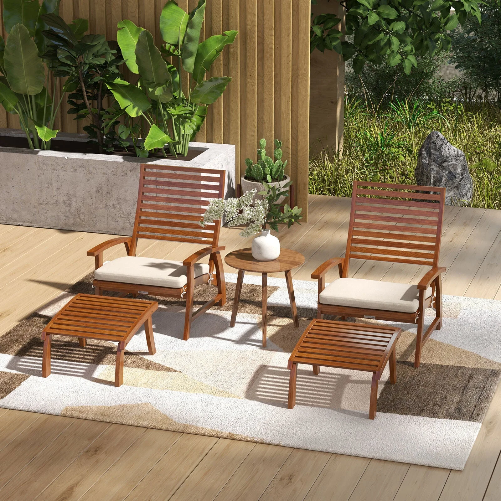 Outsunny 2 Patio Chairs w/ Ottomans & Cushions, Acacia Wood, White