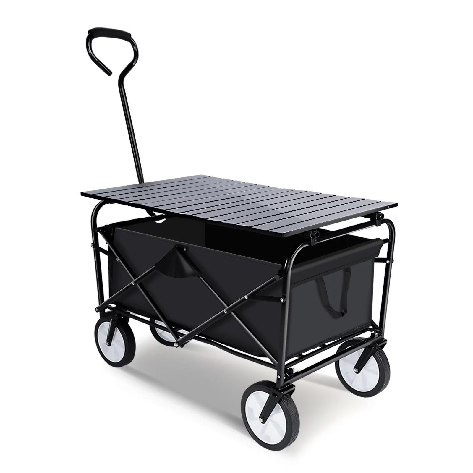 Heavy Duty Portable Folding Wagon and Collapsible Aluminum Alloy Table Combo Utility, Outdoor Camping Cart with Universal Anti-slip Wheels & Adjustable Handle Along with Metal Board Desktop, Black