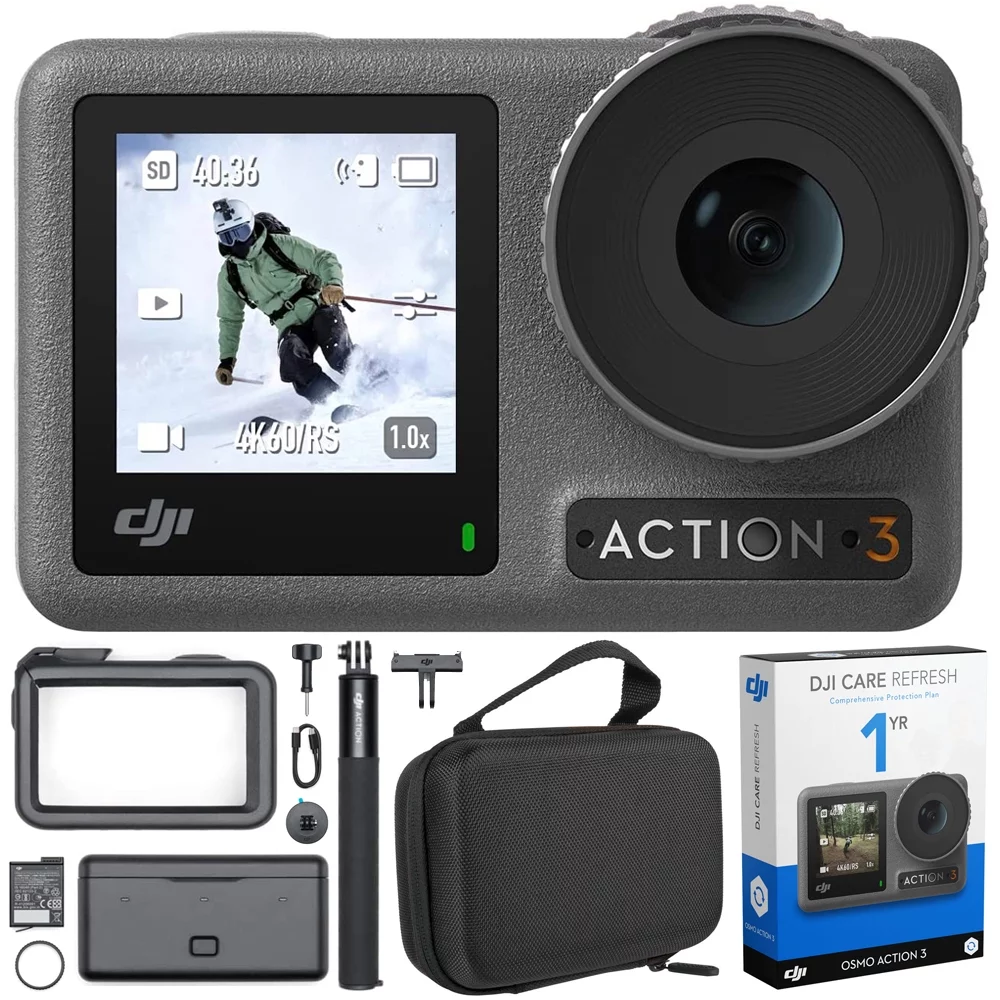 DJI Osmo Action 3 Action Camera, Adventure Combo 4K 120fps Super-Wide FOV Bundle with DJI Care Refresh 1-Yr Plan for DJI Osmo Action 3 and Premium Custom Case
