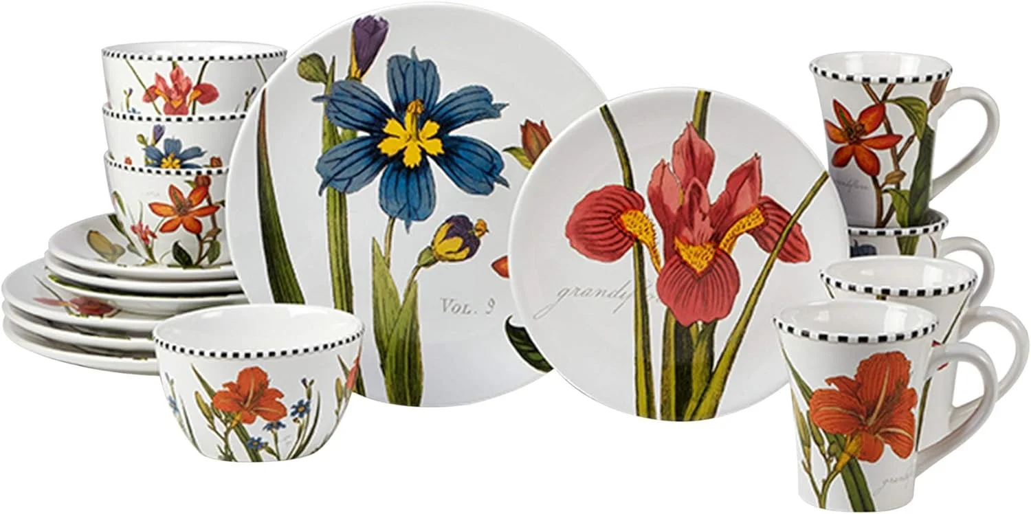Botanical Flora 16-piece Dinnerware Set Service For 4 Green Multi Color Red Floral Country Farmhouse Round 16 Piece Dishwasher Safe Microwave