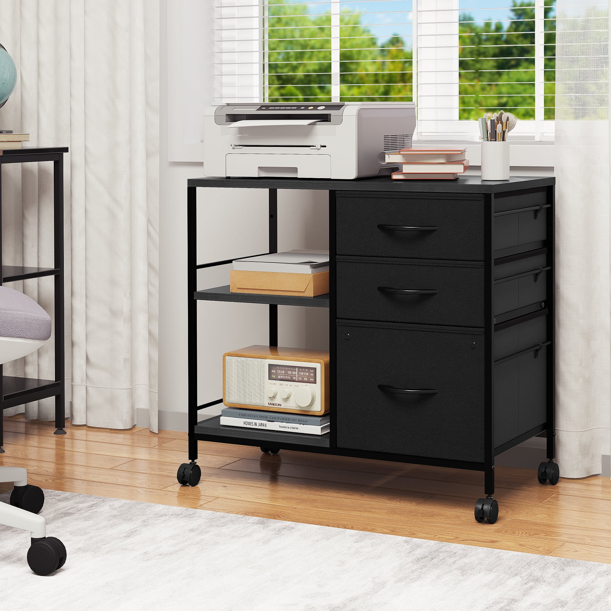Dextrus 3 Drawer File Cabinet, Mobile Printer Stand with Open Storage Shelf, Lateral Fabric File Cabinet for Home Office, Rolling File Cabinet Fits A4/Letter Size (Black)