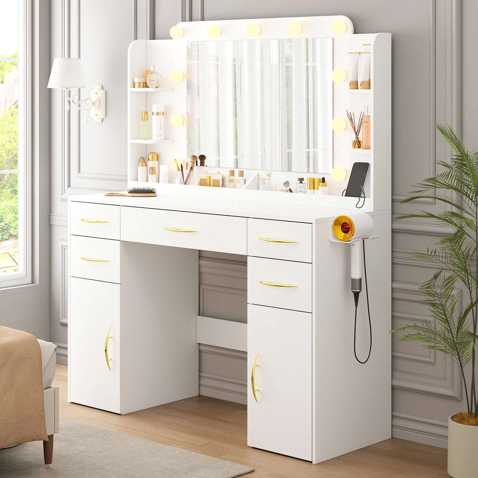 Make up Vanity Desk with Mirror and Lights, Vanity with Power Outlet & 3 Lighting Color Adjustable, Vanity Desk with 5 Drawers, 2 Cabinets, Shelves