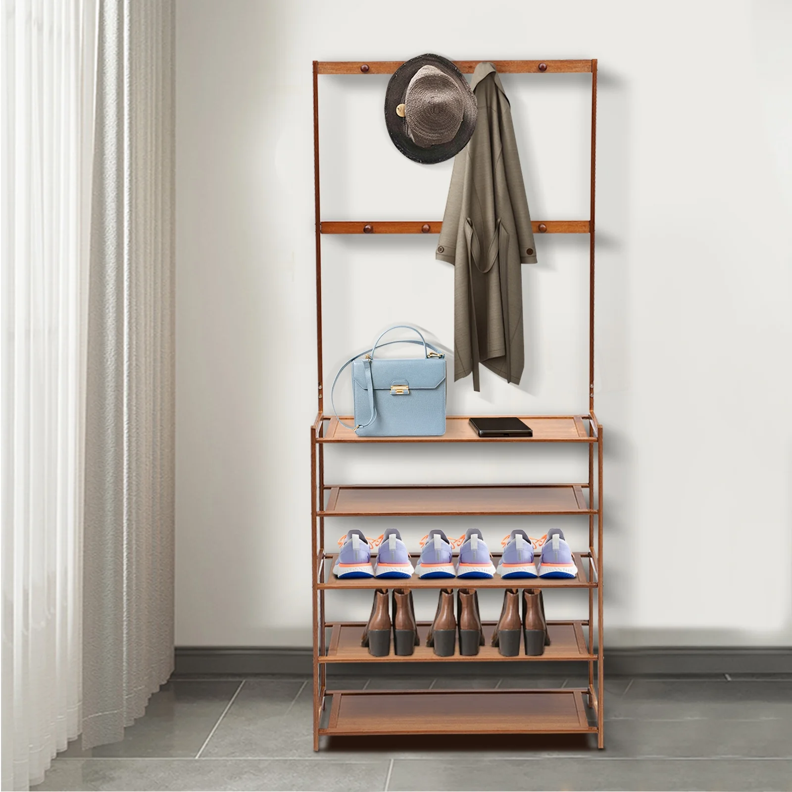 Loyalheartdy 5-Tier Freestanding Brown Shoe Rack Bamboo MDF 15-18 Pair Shoes Storage Rack w/8 Hooks 27.56*9.06*69.29In