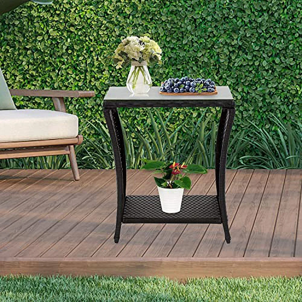 J-SUN-7 Patio PE Rattan Side Table - Set of 2 Outdoor Coffee Table End Table w/Glass Top, Black