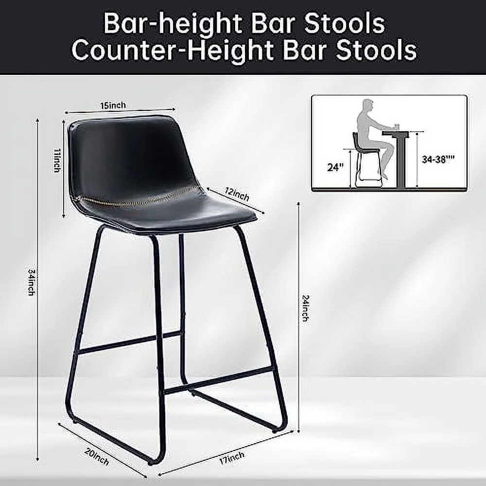 GVJMTKP Industrial Faux Leather  Stools Set of 4 Urban Armless Dining Chairs with Metal Legs Modern Quilting Counter Height Barstools for High Desk Home Office Restaurants 24" Black