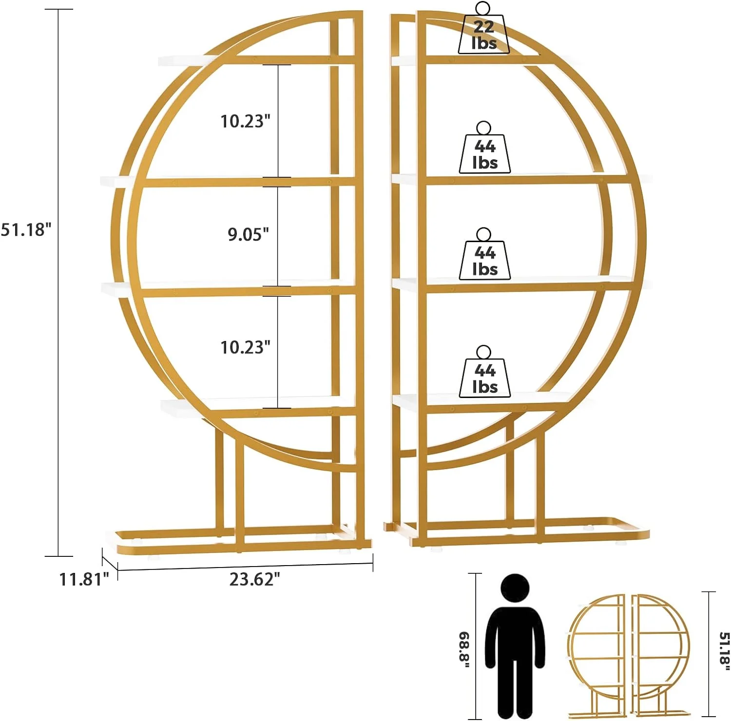 4-Tier Bookshelf, Gold Bookcase with Steel Frame, Modern Display Shelves, Half Moon Storage Shelves for Living Room, Bedroom, Hallway, Office Home