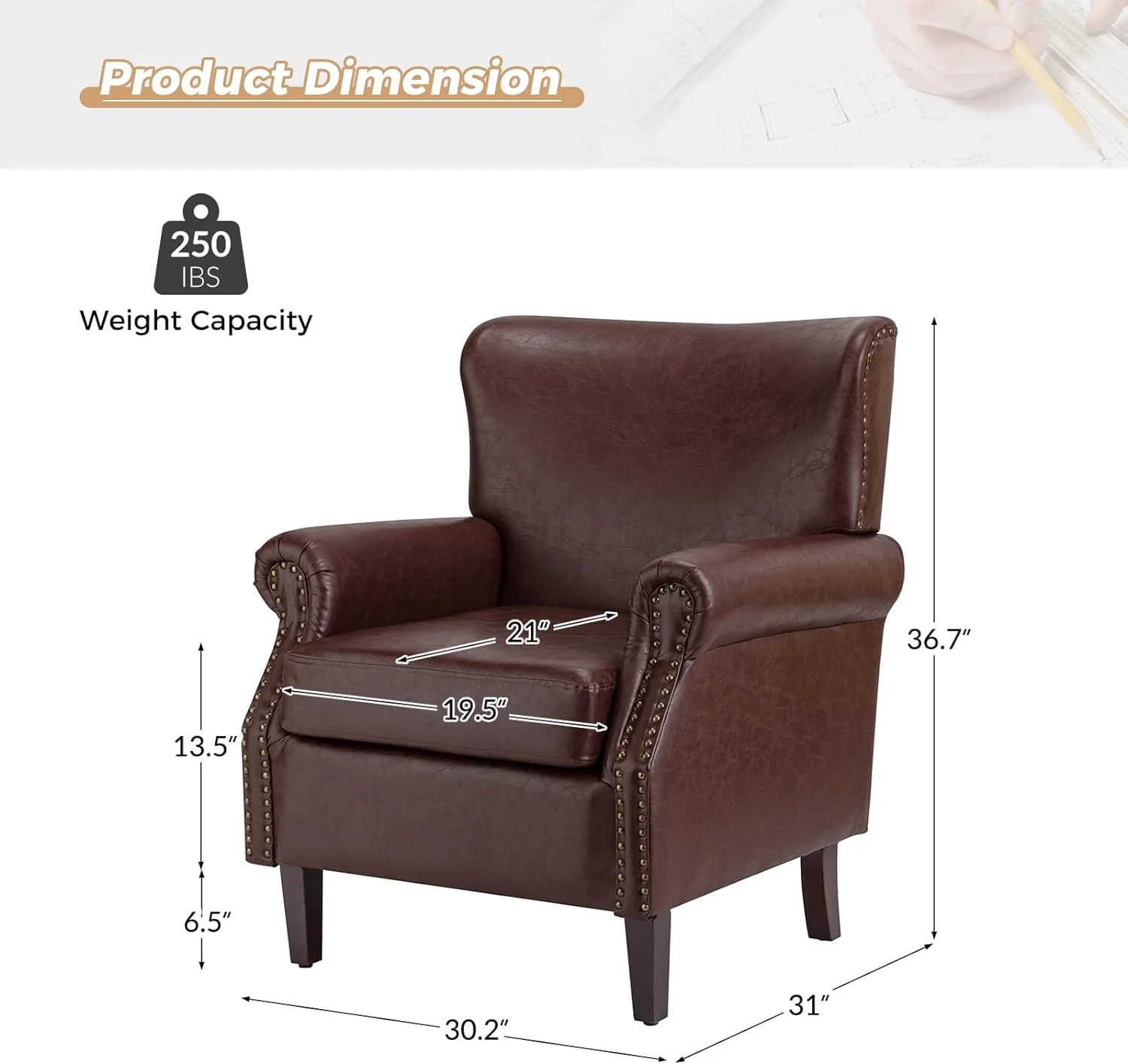 Faux Leather Accent Chairs Set Of 2 With Rolled Armrests & Nailhead Trim, Comfy Upholstered Living Room Armchairs With Removable Cushion, Traditional Sofa Chairs For Bedroom Office, Brown