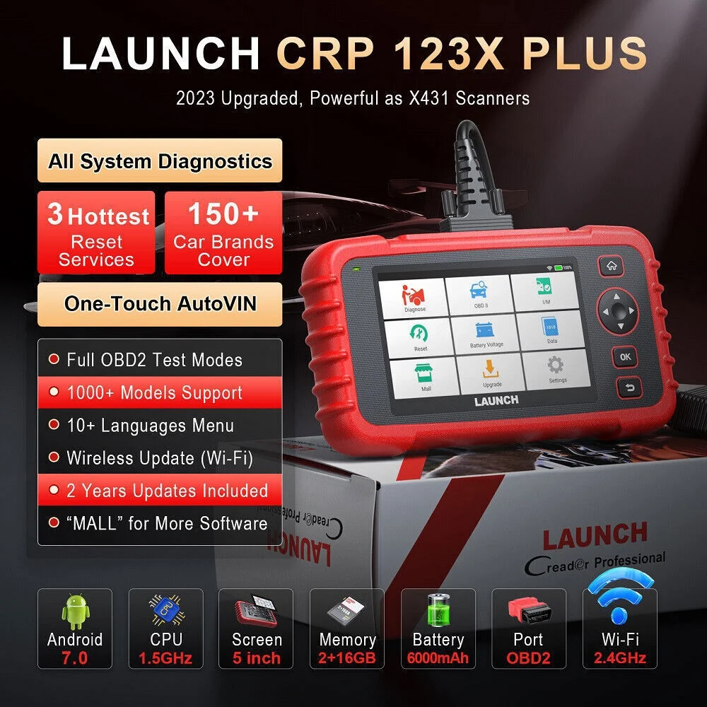 LAUNCH CRP123X Plus Car Diagnostic OBD2 Scanner All System Diagnoses 3 Rest Services Battery Test, Auto VIN, 2 Years Free Online Update New Ver. of CRP123X