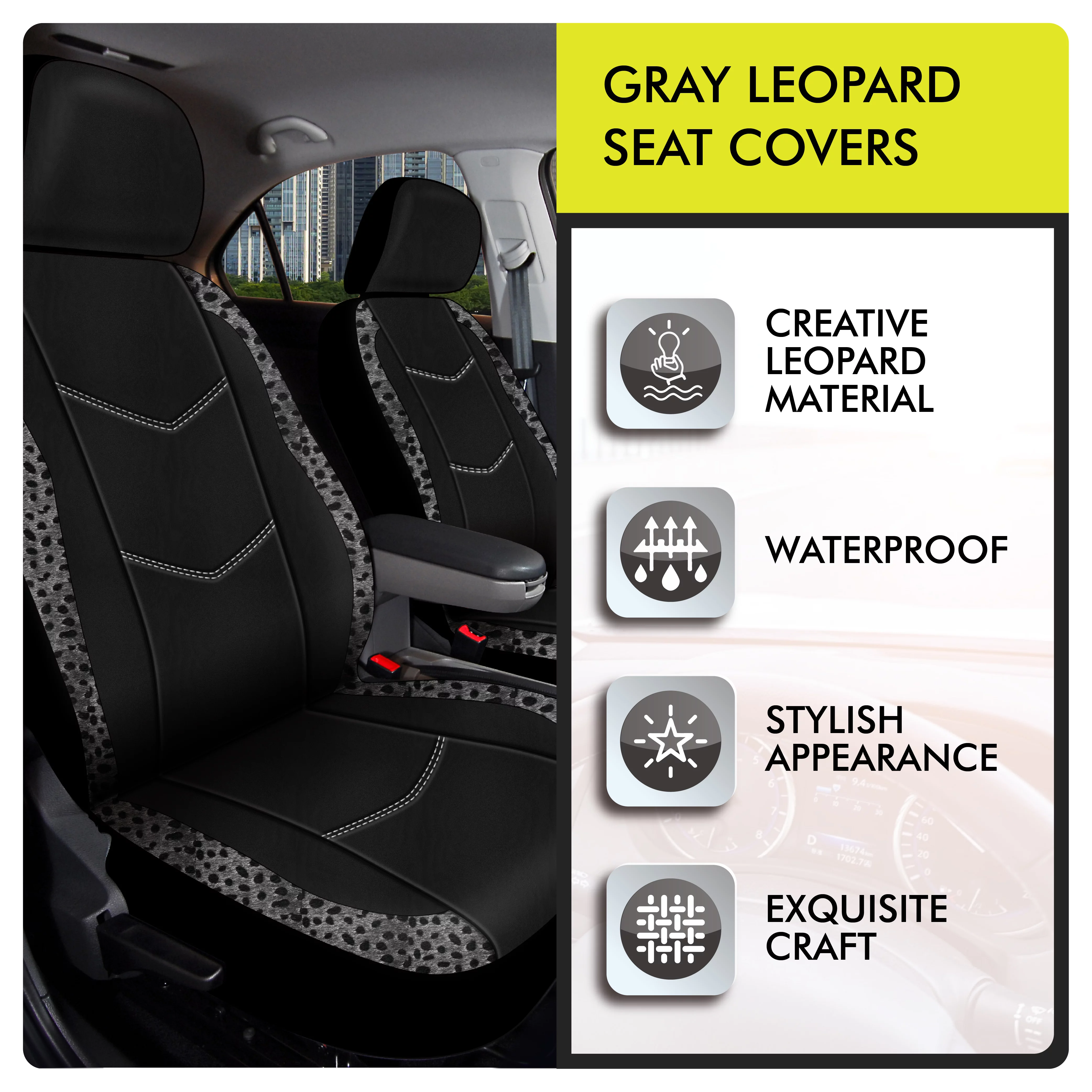 Auto Drive Grey Leopard Faux Leather Car Seat Covers, Set of 2, YT040