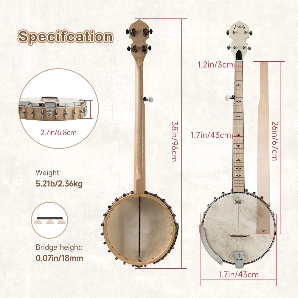 Mulucky 5 String Banjo, Open Back Maple Banjos with Remo Head, Gift Package with Beginner Kit - MB1101