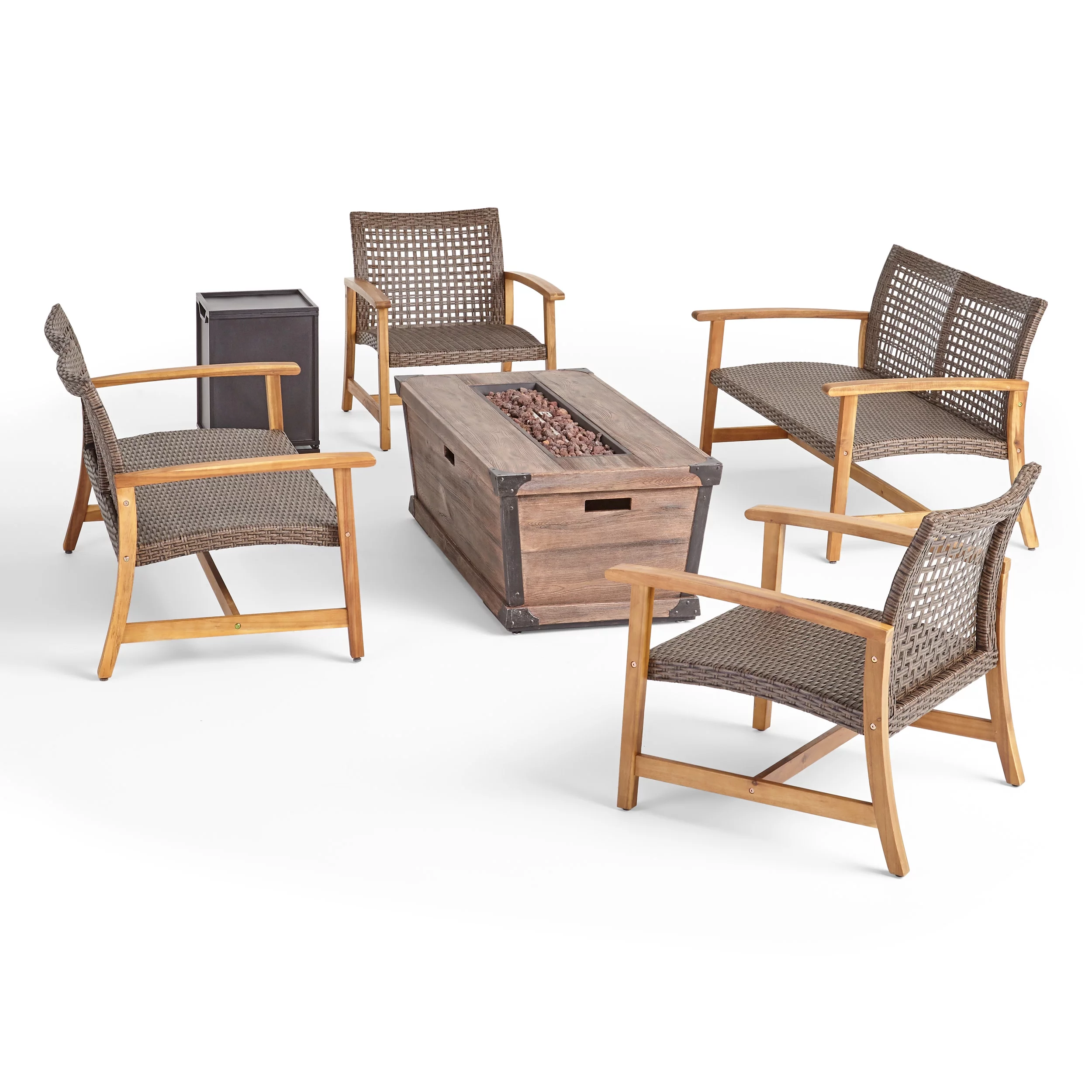 GDF Studio Savannah Outdoor Acacia Wood and Wicker 6 Seater Chat Set with Fire Pit, Natural, Mixed Mocha, and Brown
