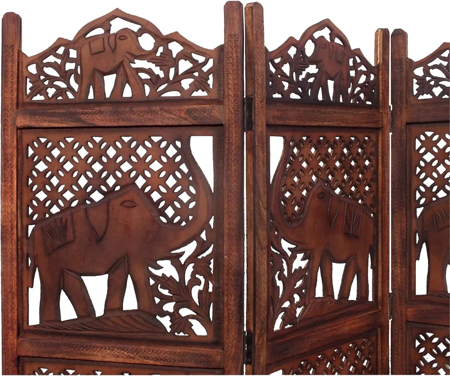 Benzara BM34823 Hand Carved Elephant Design Foldable 4-Panel Wooden Partition Screen/Room Divider, Brown