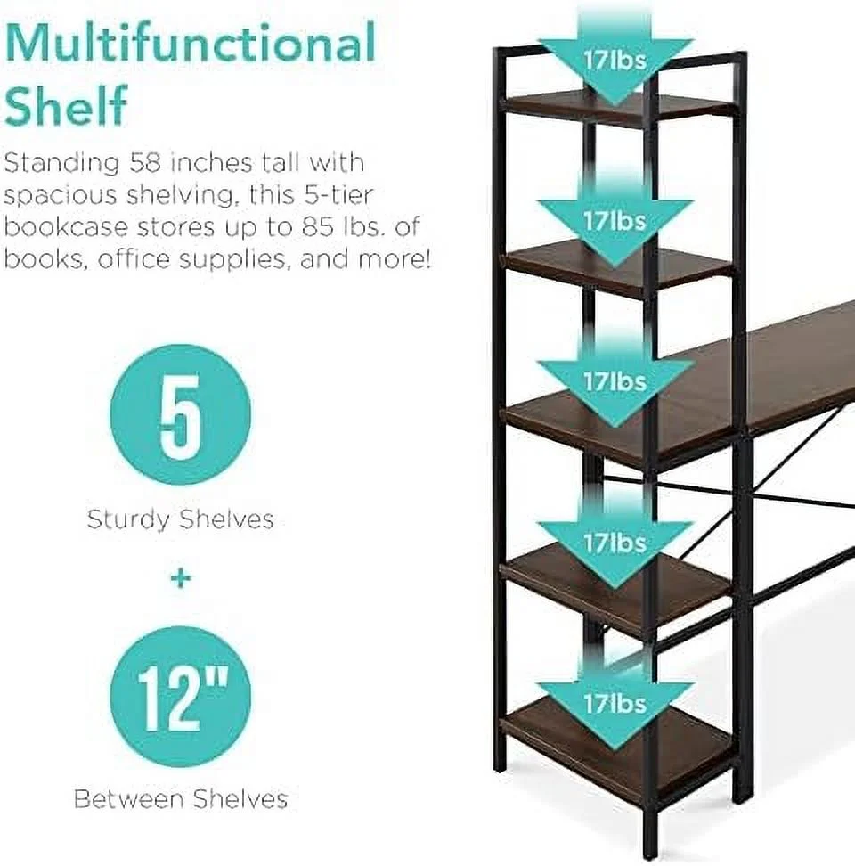 YPDCHB L-Shaped Corner Computer Desk  Large Study Workstation  w/Multifunctional 5-Tier Open  Bookshelves  Custom Setup for Home  Office - Brown/Black