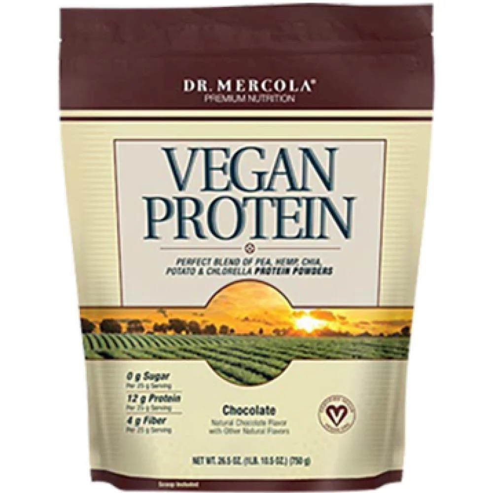 Dr. Mercola, Vegan Protein Powder Chocolate, 1 lb 10.5 oz (750g), (30 Servings), BCAA, non GMO, Soy-Free, Gluten-Free