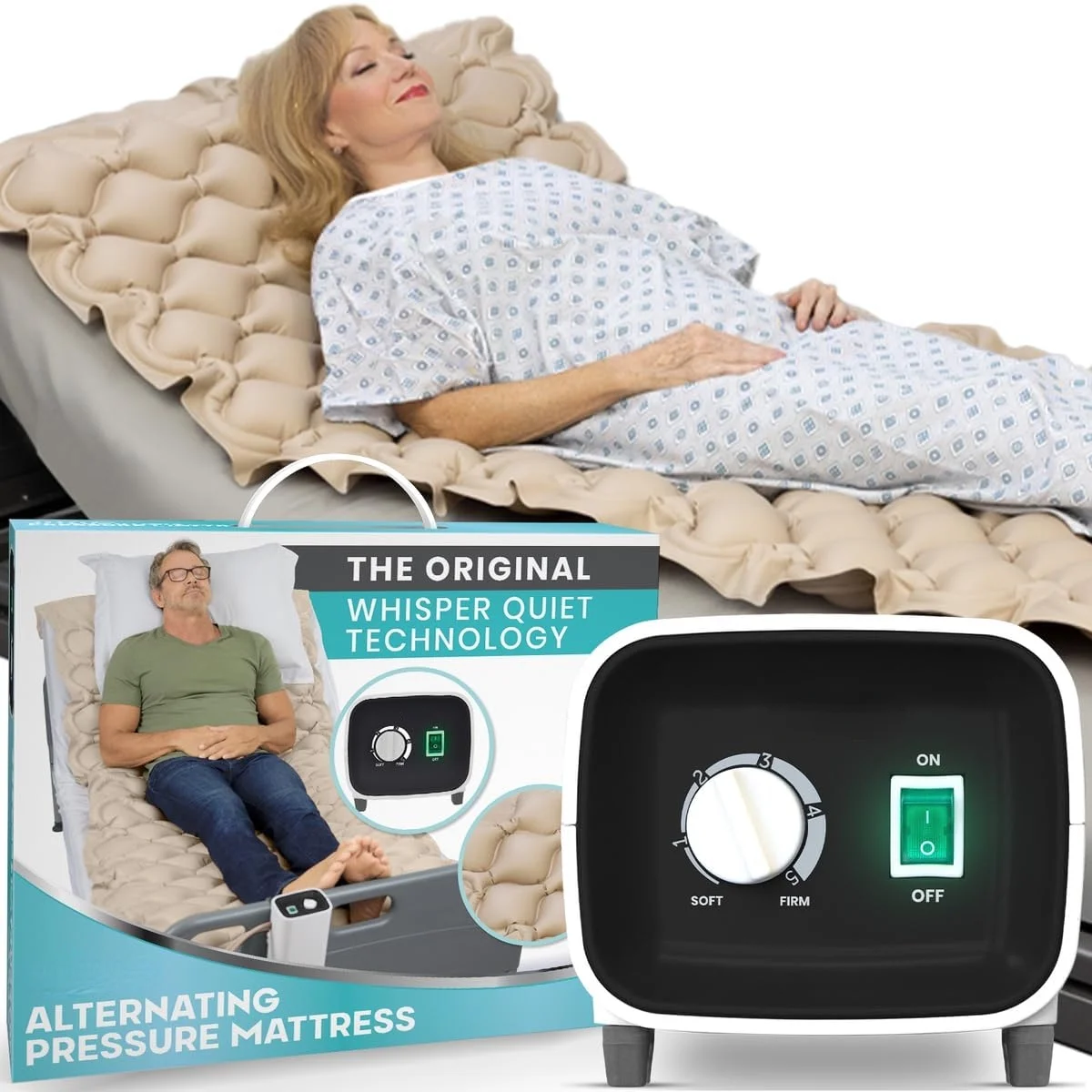 Alternating Air Pressure Mattress Pad - The Original Bed Sore Prevention Solution - Hospital & Home Mattress Topper - Includes Waterproof, Heat Resistant Ulcer Cushion Pad & Whisper Quiet Pump