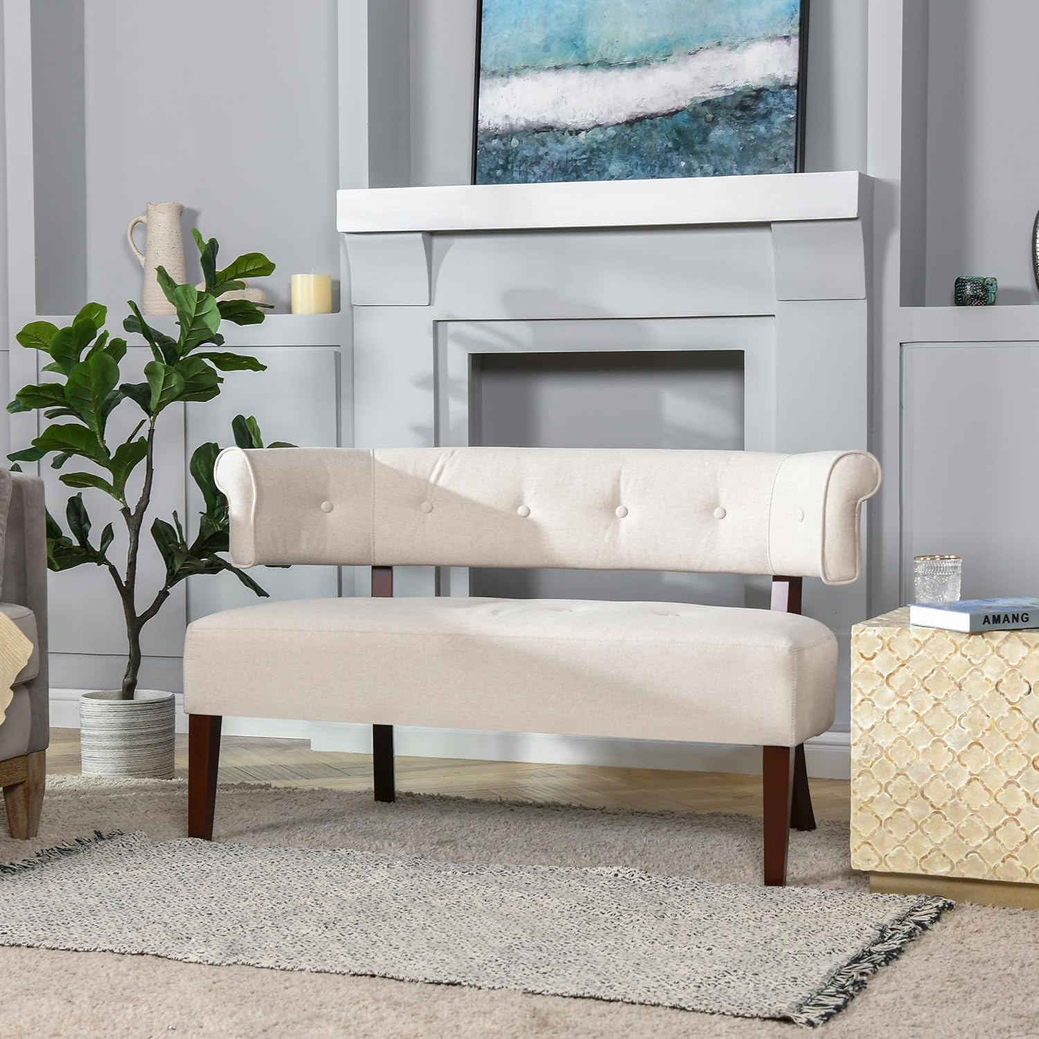 HYUN Celia Roll Arm Tufted Bench Settee, Sky Neutral Beige Polyester