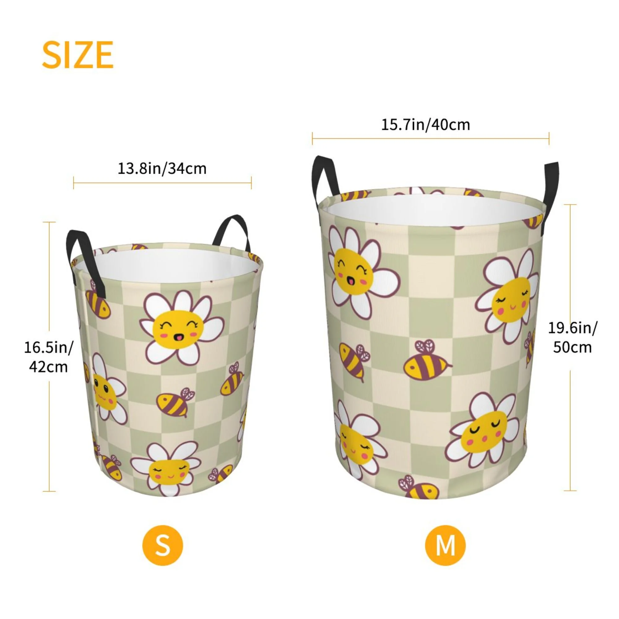 ZICANCN Laundry Basket Organizer, Retro Checkerboard Daisies Bees Collapsible Hamper for Bathroom Bedroom Laundry Room, Medium Size