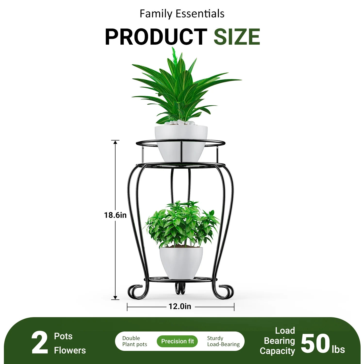 FOUKUS Plant Stand Indoor: 2 Tier Tall Metal Rust-Proof Iron Flower Stands for Garden, Patio,Living Room Balcony and Corner, Indoor and Outdoor-Black