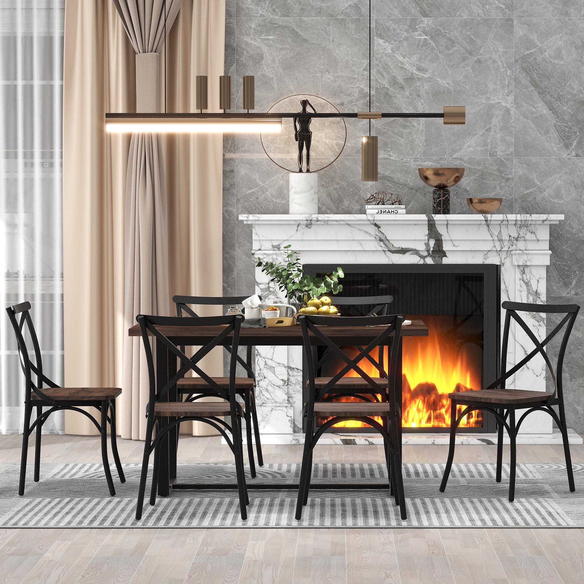 CoSoTower 7 Piece Industrial Dining Table Set Rectangular Table With 6 Dining Chairs Kitchen Table Set With Metal Frame, Rustic Brown