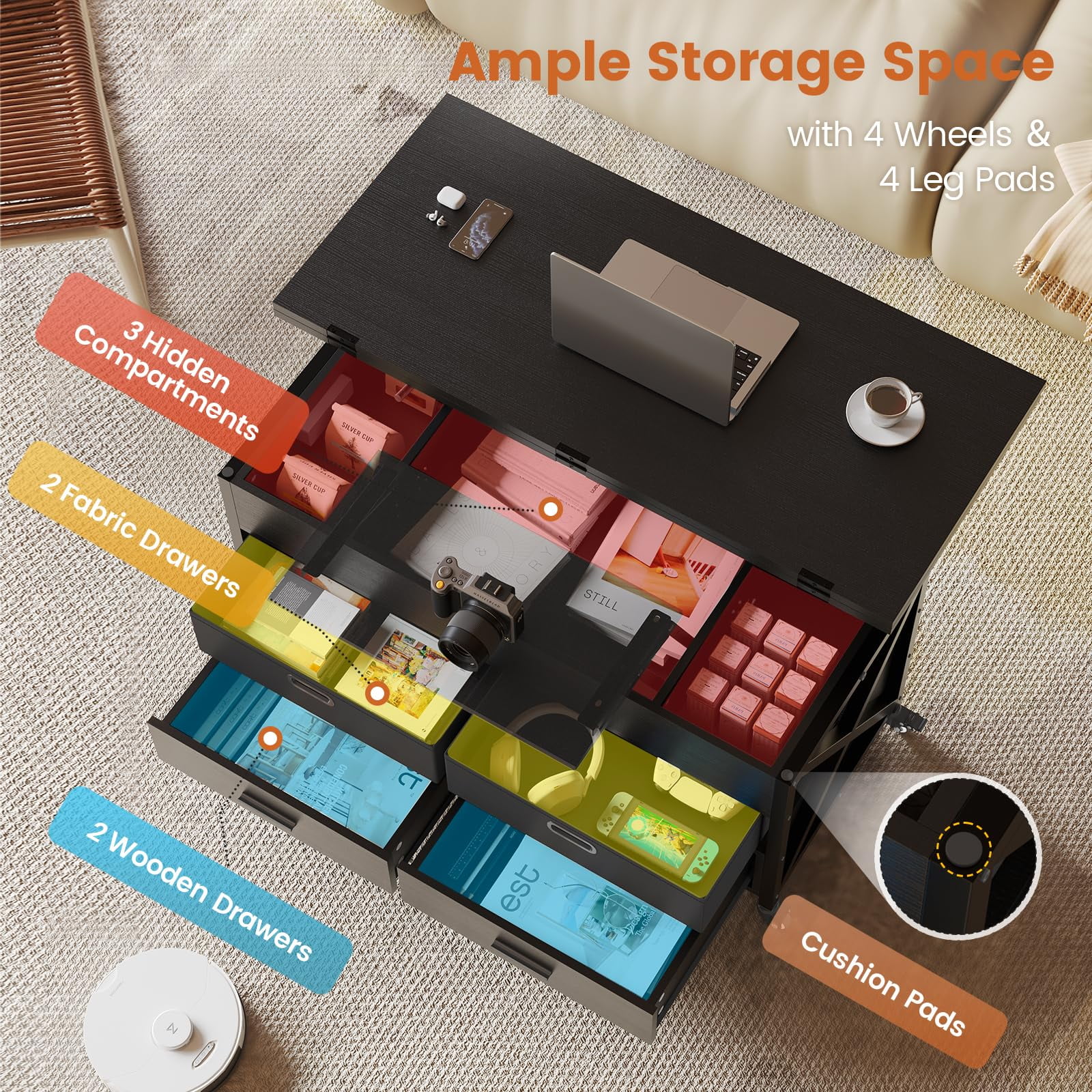 4 in 1 Lift Top Coffee Table with Power Outlet, Center Table with 4 Drawers, Black