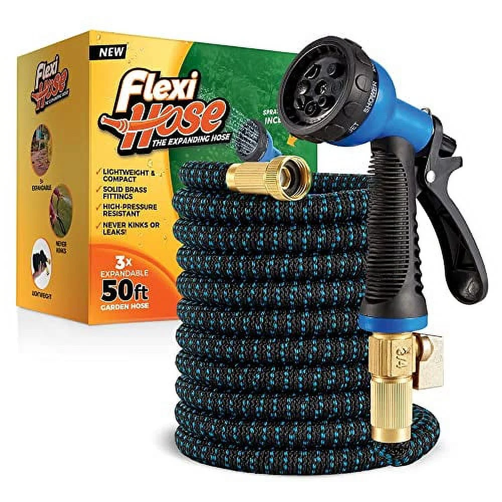Flexi Hose with 8 Function Nozzle Expandable Garden Hose, Lightweight & No-Kink, 50 FT Blue Black
