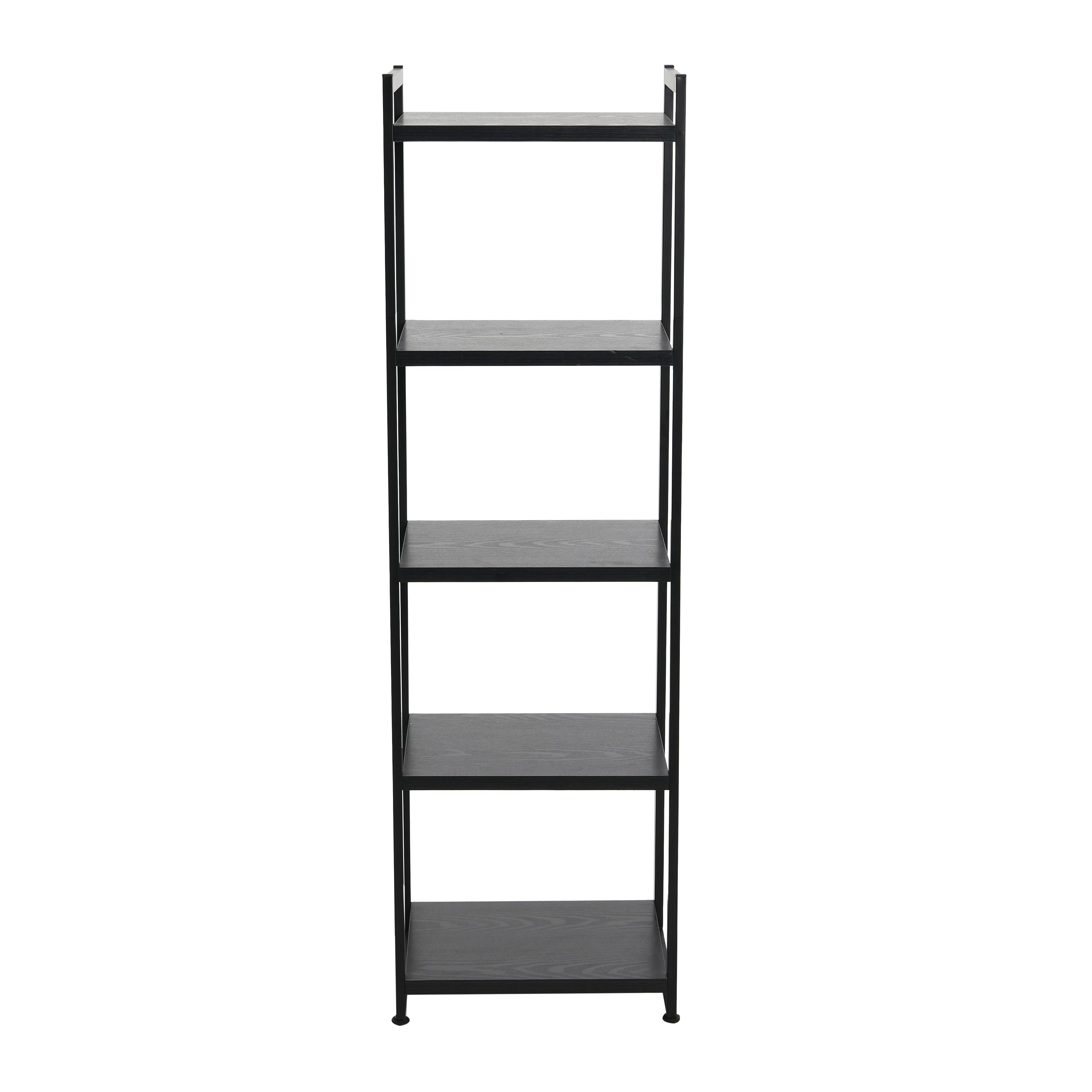 Household Essentials Tower Bookshelf, Tall and Narrow Bookshelf with 5 Shelves, Black Metal and Black Oak Woodgrain Finish, Industrial and Modern