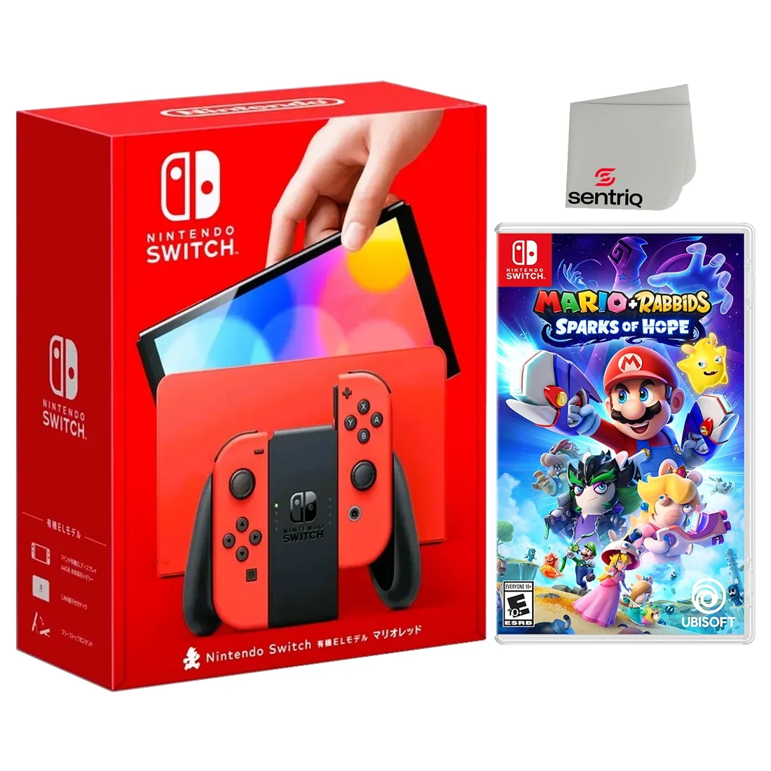 Nintendo Switch OLED Mario Red Edition + Mario + Rabbids Sparks of Hope + Sentriq Screen Cleaner - Japan Import with US Plug