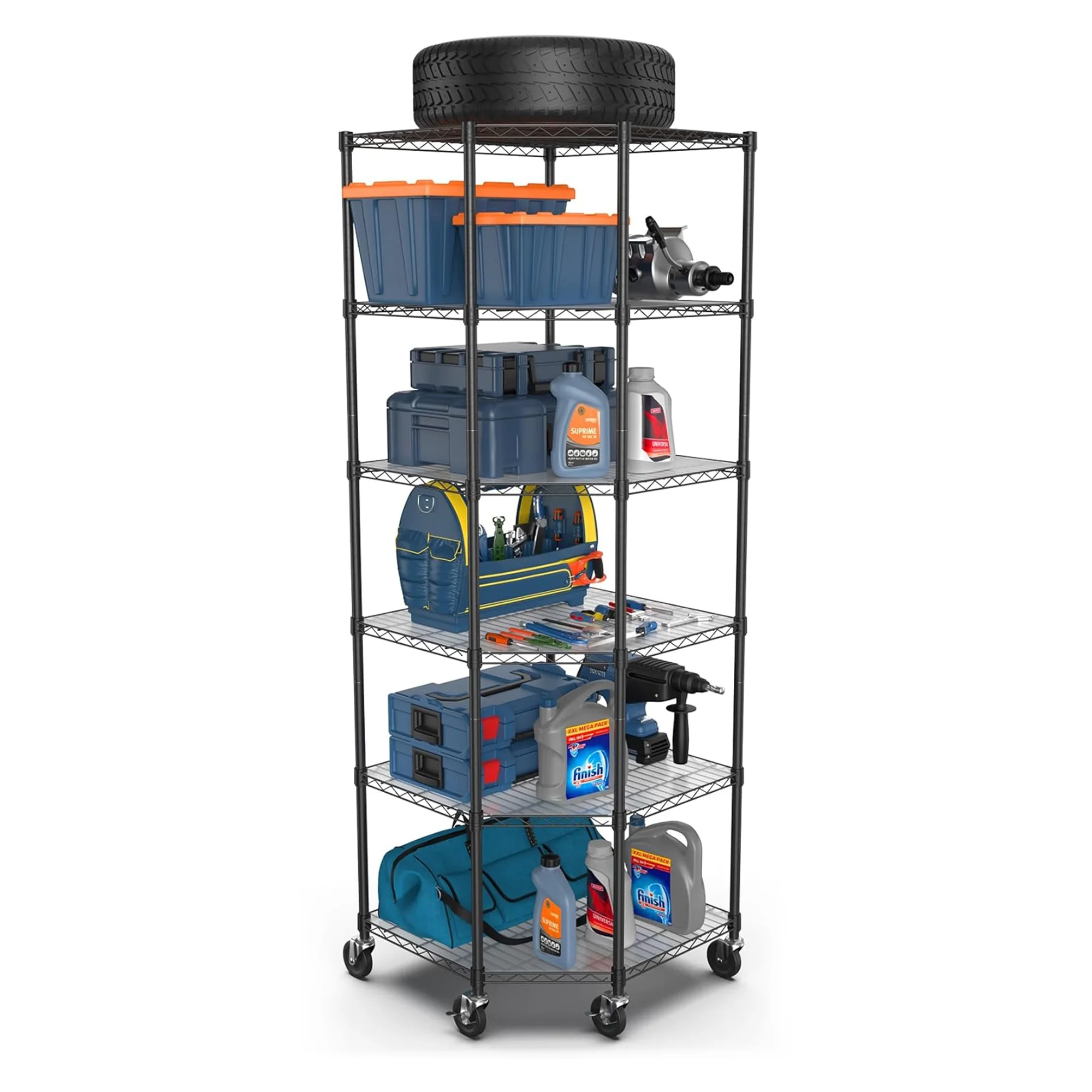 Ufurpie 6 Tier 2100LBS Pentagonal Corner Shelves with Wheels,Adjustable Metal Heavy Duty Storage Shelf,Wire Shelving Unit,for Living Room,Bathroom,Kitchen,Black