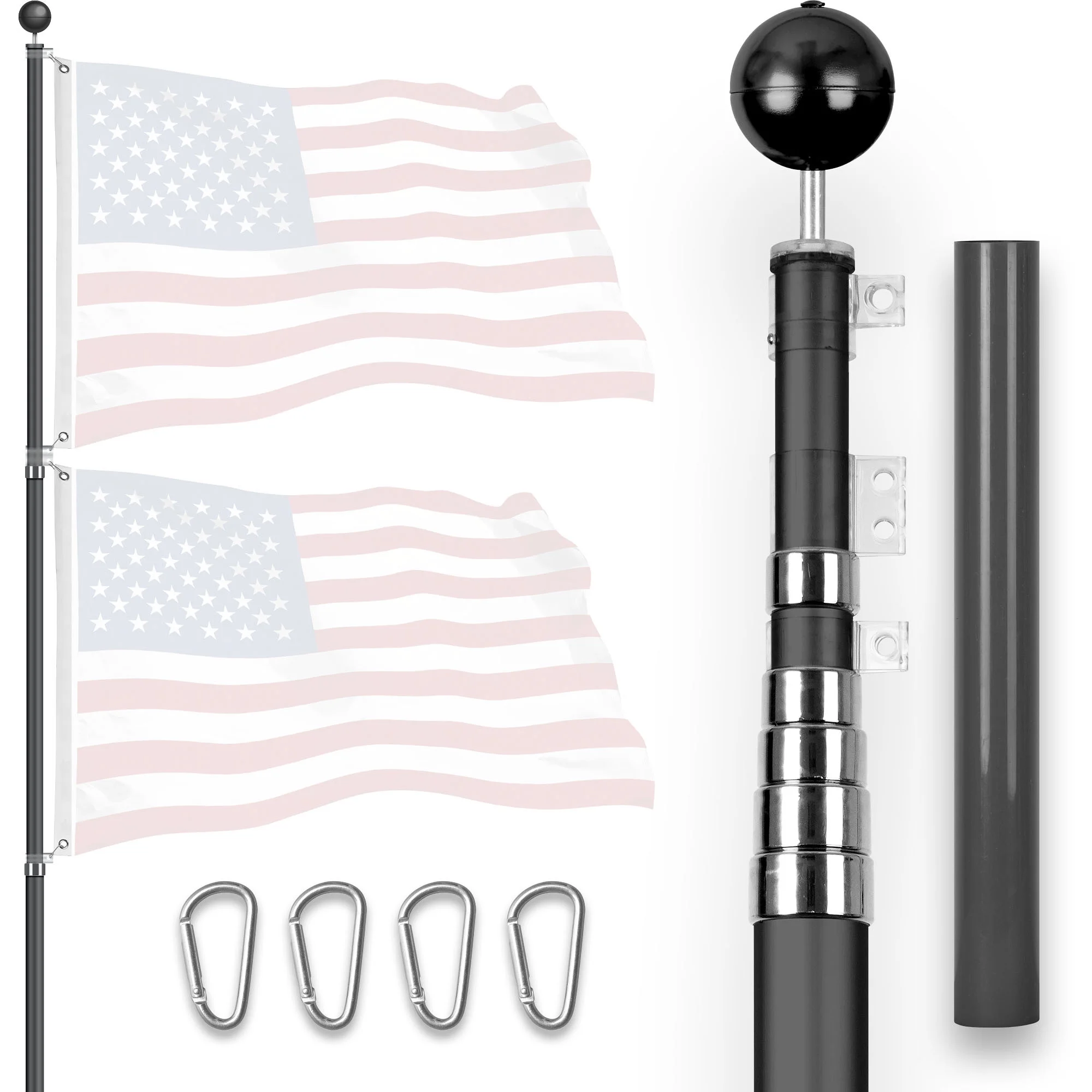 G128 25Ft Telescoping Aluminum Black Flagpole | In Ground Heavy Duty Telescopic Flag Pole for Commercial/Residential Use | Flag NOT Included