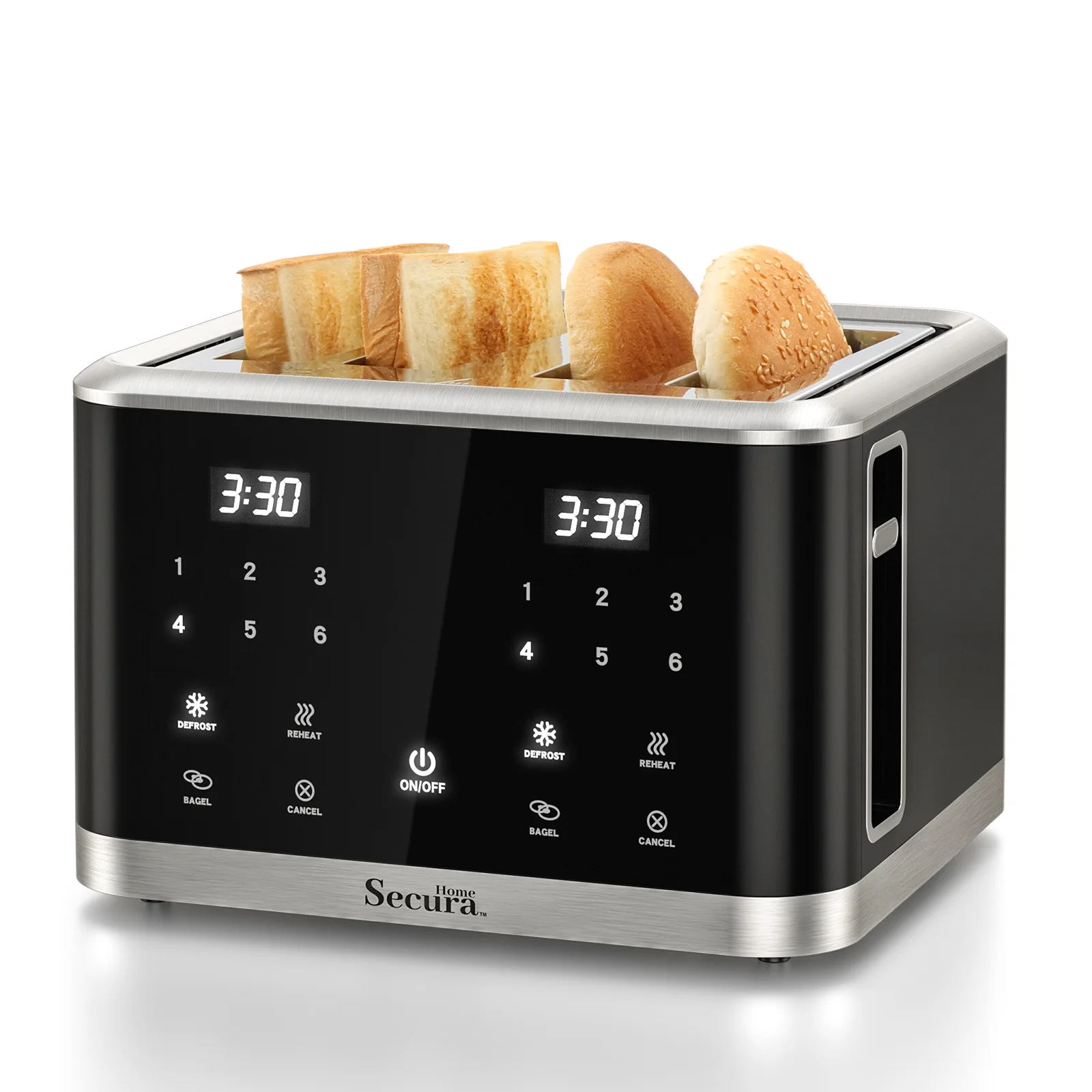 Secura 4-Slice Toaster Extra Wide Slots Toaster Touch Screen Toaster with Dual Control Panels of 6 Shade Settings Toaster Bagel Defrost and Reheat Digital Timer Toaster