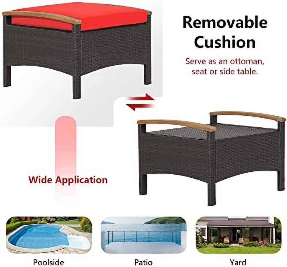 JYHOME Outdoor Wicker Ottomans for Patio - 2 Pieces PE Rattan Ottoman  Footrest Seat with Zippered Cushions  Acacia Wood Handles  3-in-1 Footstool   for Poolside  Backyard (Brown)