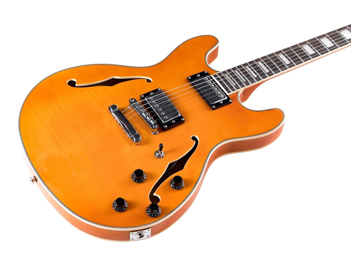 Monoprice Boardwalk Transparent Amber Hollow Body Electric Guitar with Gig Bag With Maple Body and Neck, Rosewood Fingerboard, and Gig Bag - Indio Series