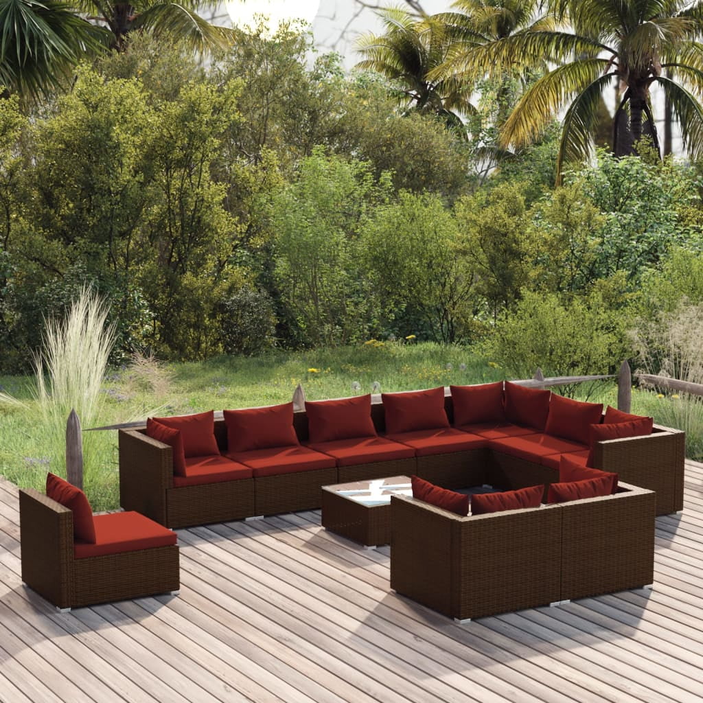 Anself 11 Piece Patio Set with Cushions Poly Rattan Brown
